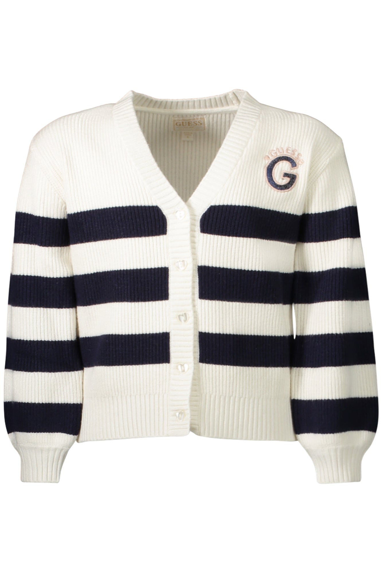 K4YR06Z3FU0_BIS167 – Weiße Mädchen-Strickjacke mit Streifen & V-Ausschnitt - Eleganter Look – Größe: 6A, 7A, 5A – Farbe: Bianco