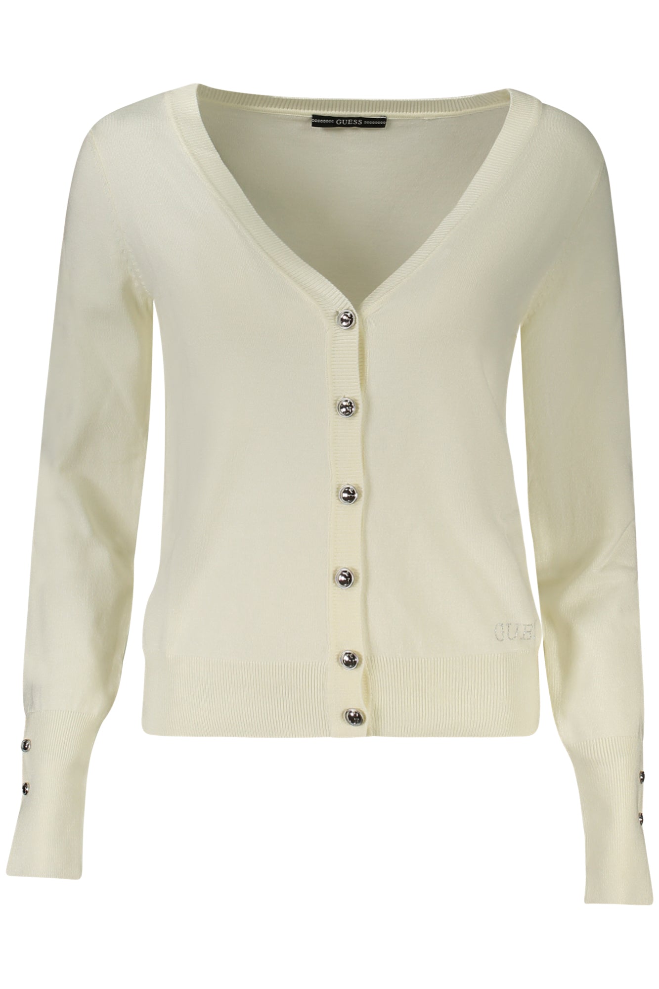 W2YR33Z2V62_BIG012 – Elegante Damen-Strickjacke Weiß mit V-Ausschnitt & Strass-Applikationen – Größe: S, M, L, XL, 2XL – Farbe: Bianco