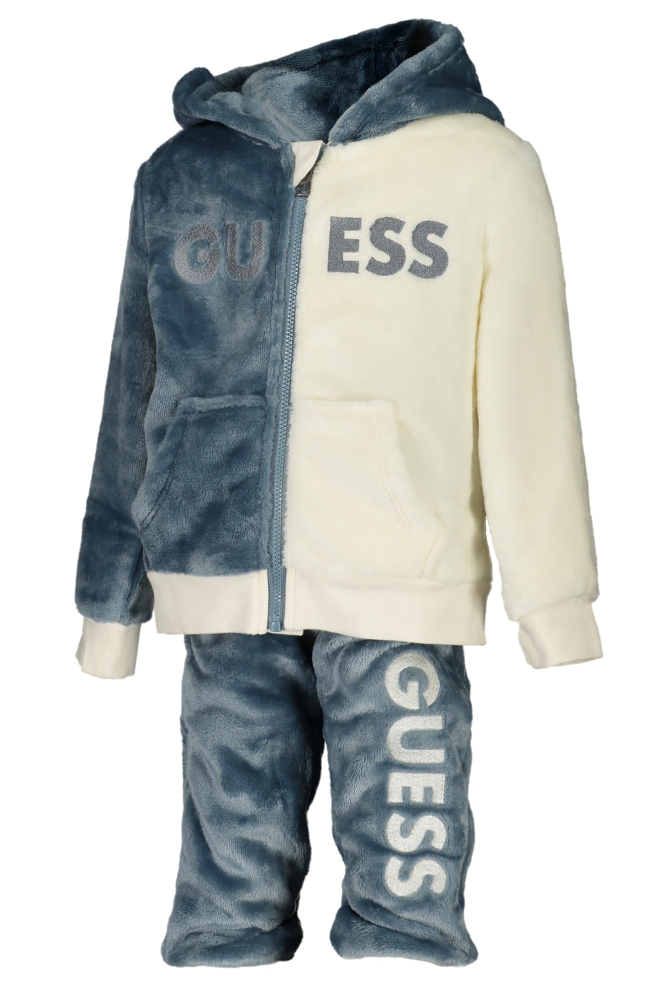 I3BG18WFRS0_BLFJ0R – Kinder Chenille Sweatjacke & Hose Set: Blau mit Kapuze und Details – Größe: 18M, 0-3M – Farbe: Blu