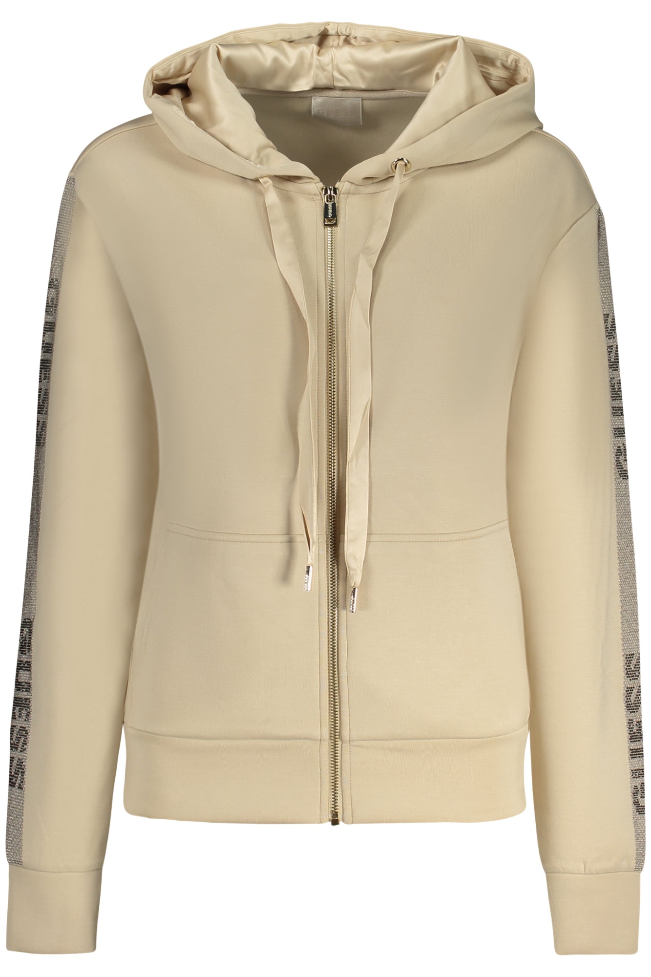 W5RQ03KBYE2_BEG9N9 – Beiges Damen-Kapuzensweatshirt mit Reißverschluss & Strass-Details – Größe: XS, S, M, L – Farbe: Beige