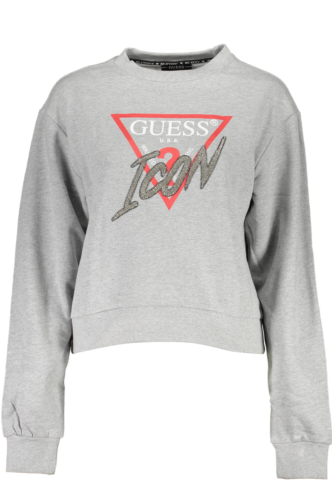 W1RQ04K68I0_GRIGIO_LMGY – Grauer Damenpullover: Langarm-Sweatshirt mit Strass und Druck – Größe: XL – Farbe: Grigio