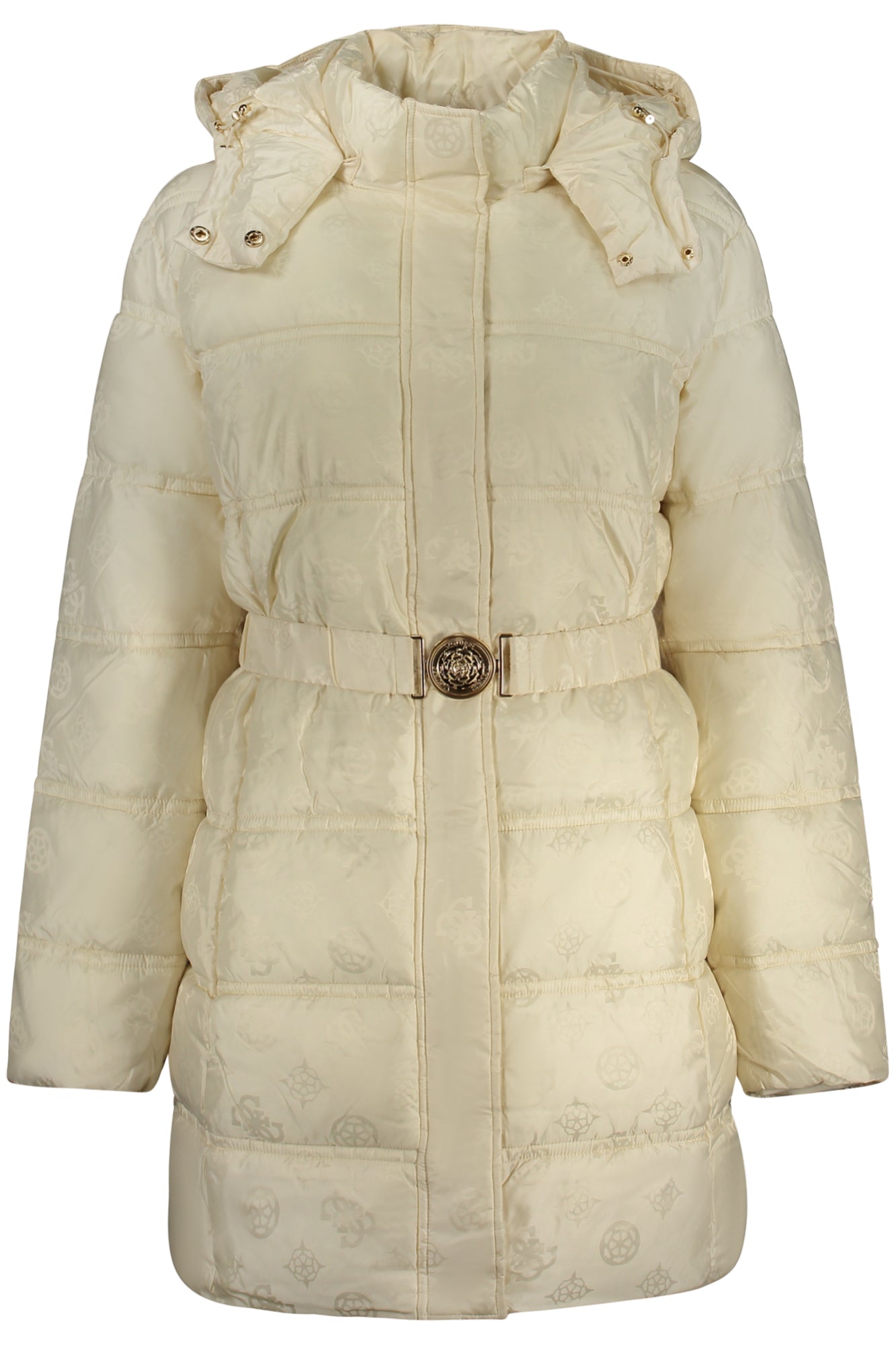 W5BL44W2912_BEG1F7 – Elegante Damenjacke Beige: Langer Mantel mit Kapuze & Gürtel – Größe: XS, S, M, L, XL – Farbe: Beige