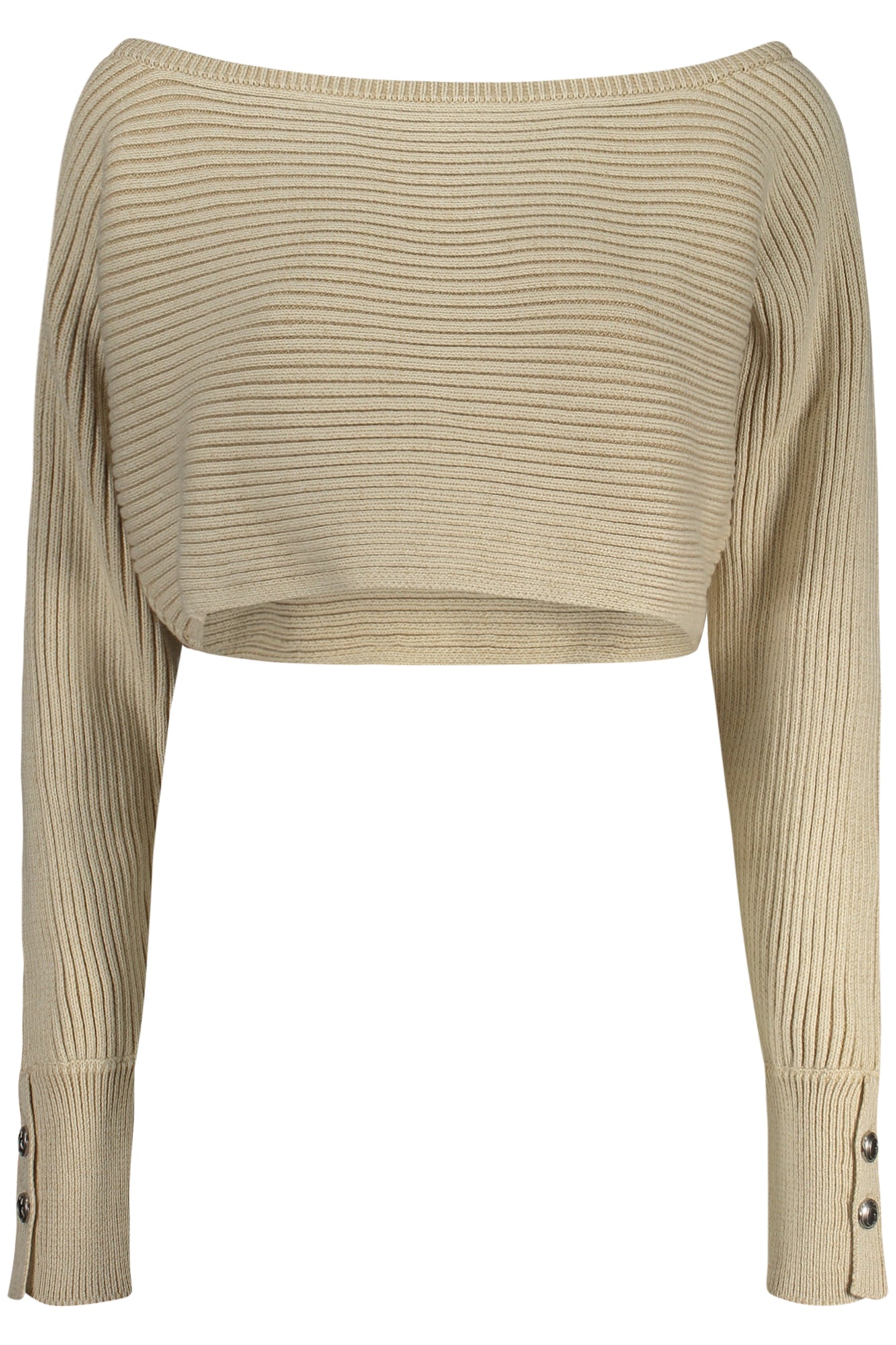 W5RR28Z3C71_BEFN6F – Eleganter Beiger Damenpullover – Langarm mit Kontrast & Boot-Ausschnitt – Größe: XS, S, M, L – Farbe: Beige