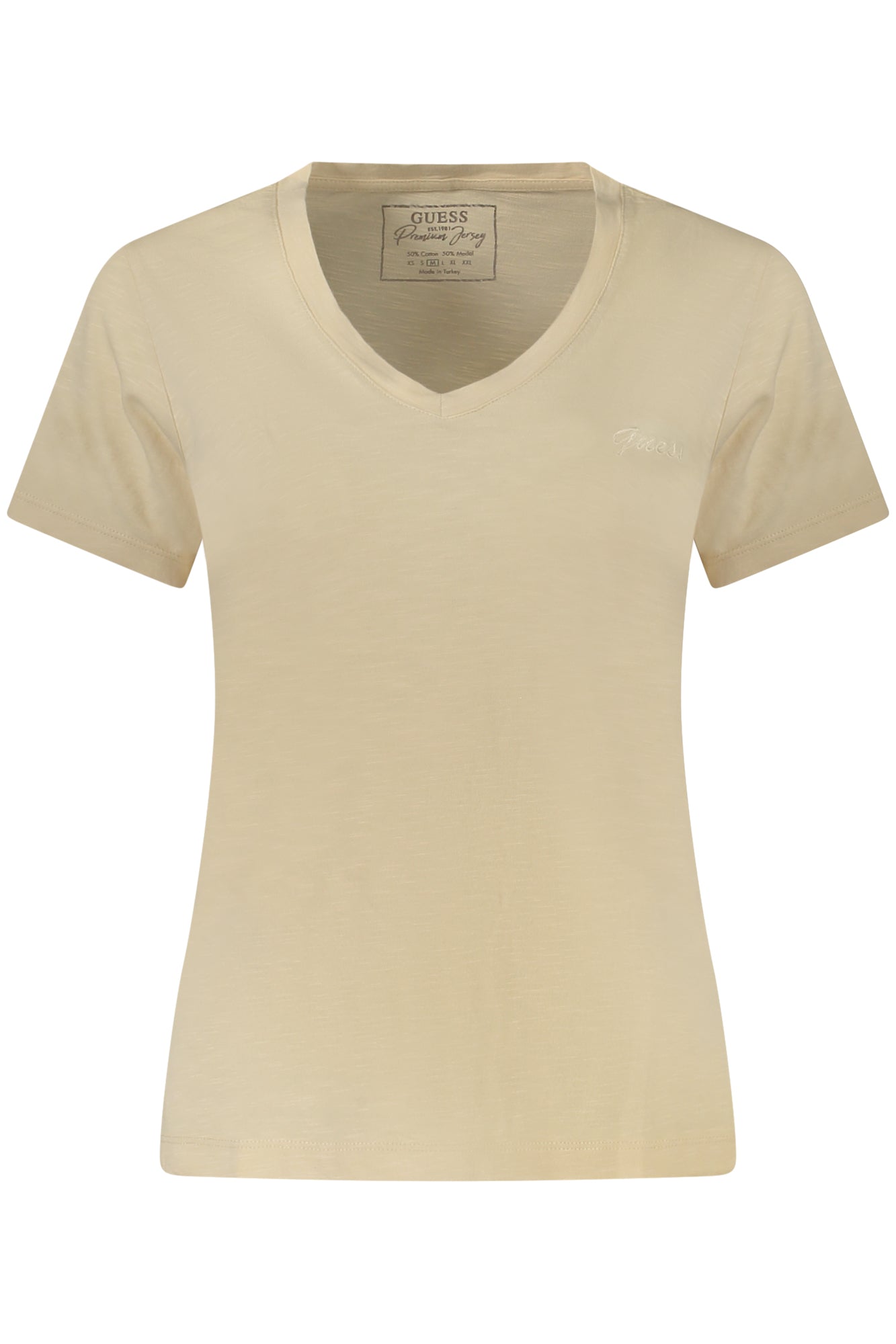 W4GI66KC8T0_BEG1M5 – Damen Kurzarm T-Shirt Beige mit V-Ausschnitt & Stickerei Logo – Größe: XS, S, M, L – Farbe: Beige