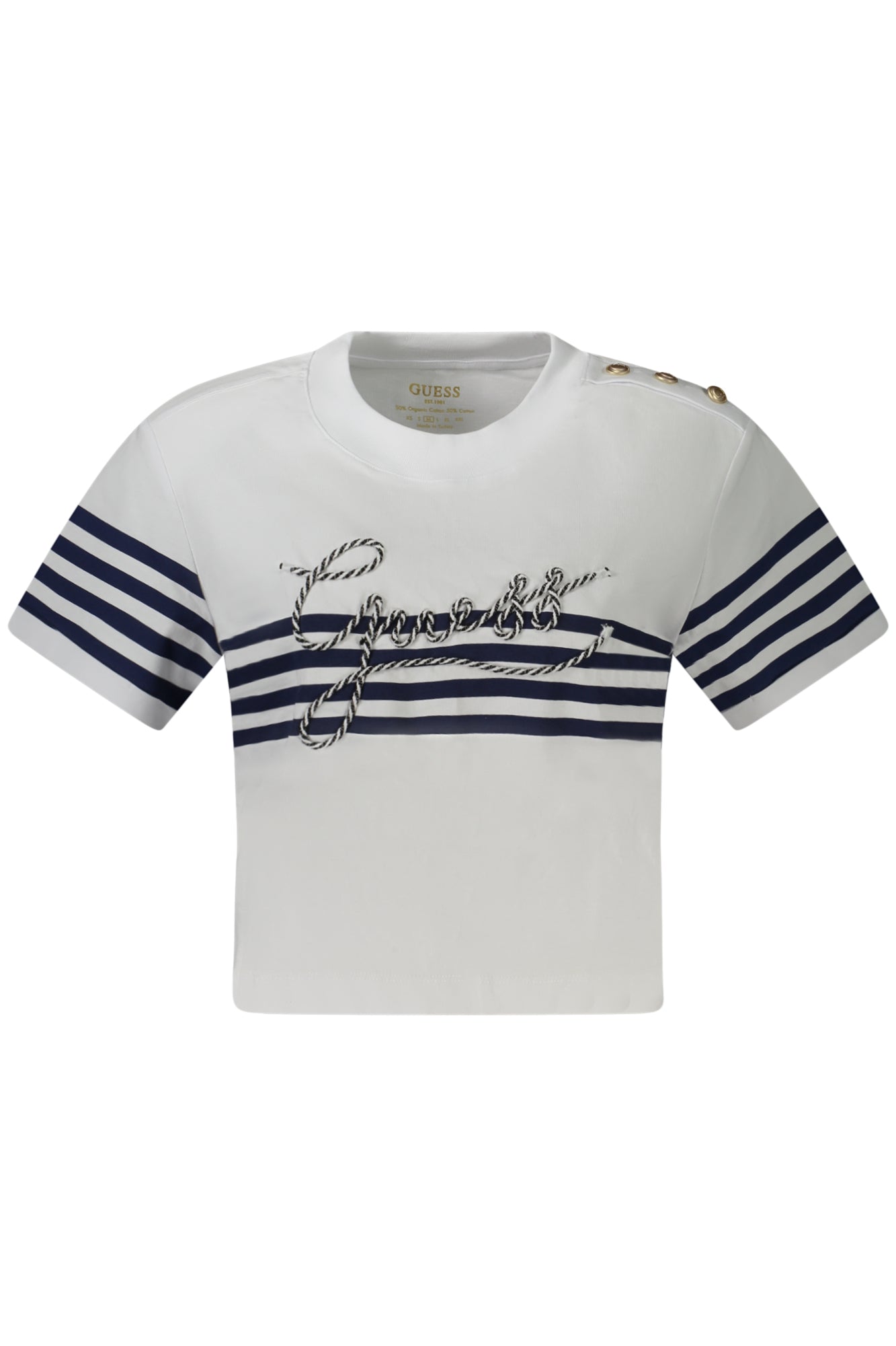 W4GI18K8FQ4_BIG011 – Damen Weißes Kurzarm-T-Shirt mit Stickerei & Kontrastdetails – Größe: XS, S, M, L – Farbe: Bianco