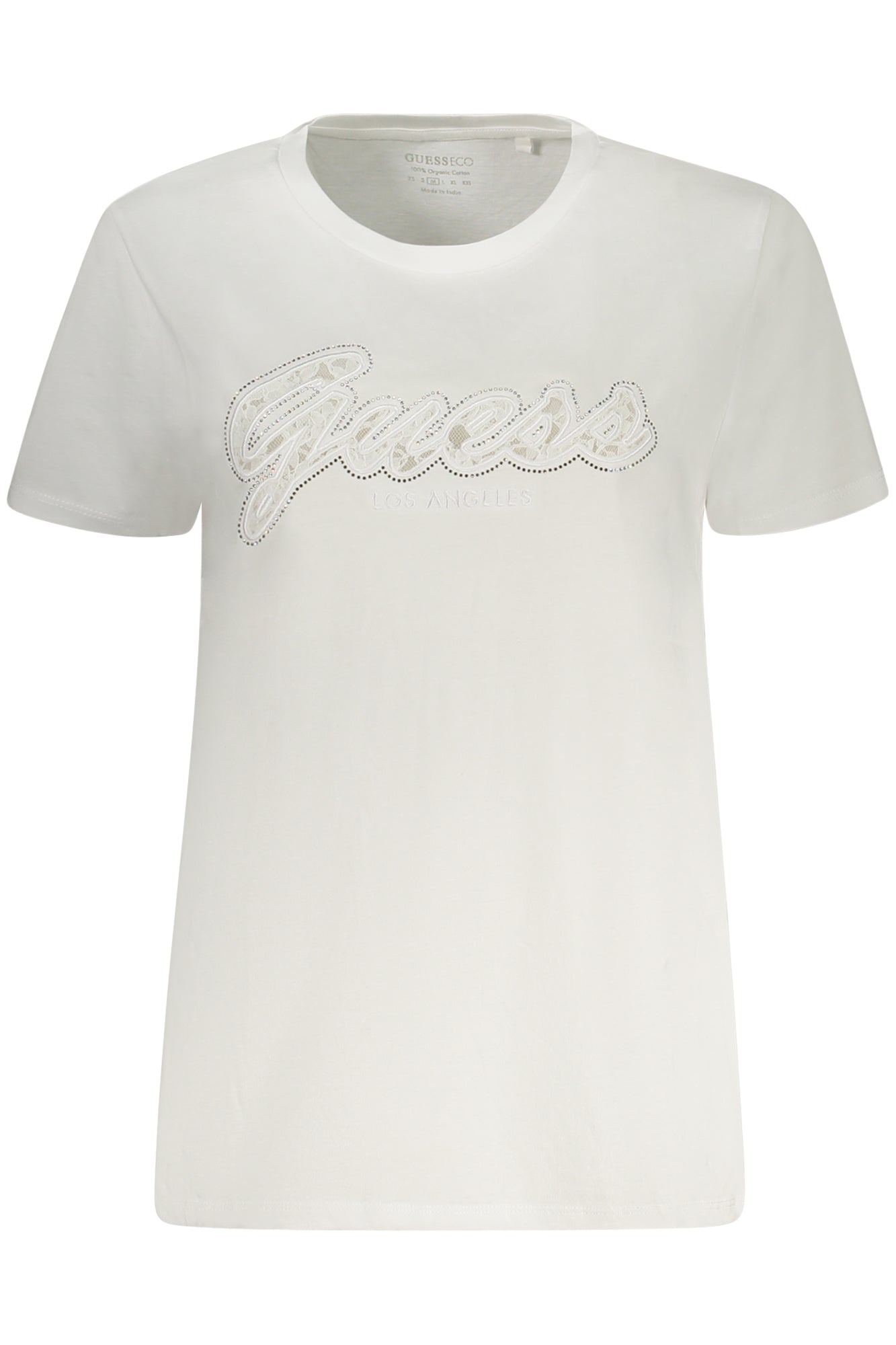 W5RI08K9RM1_BIG011 – Damen Kurzarm T-Shirt Weiß aus Bio-Baumwolle mit Strass und Stickerei – Größe: XS, S, M, L – Farbe: Bianco