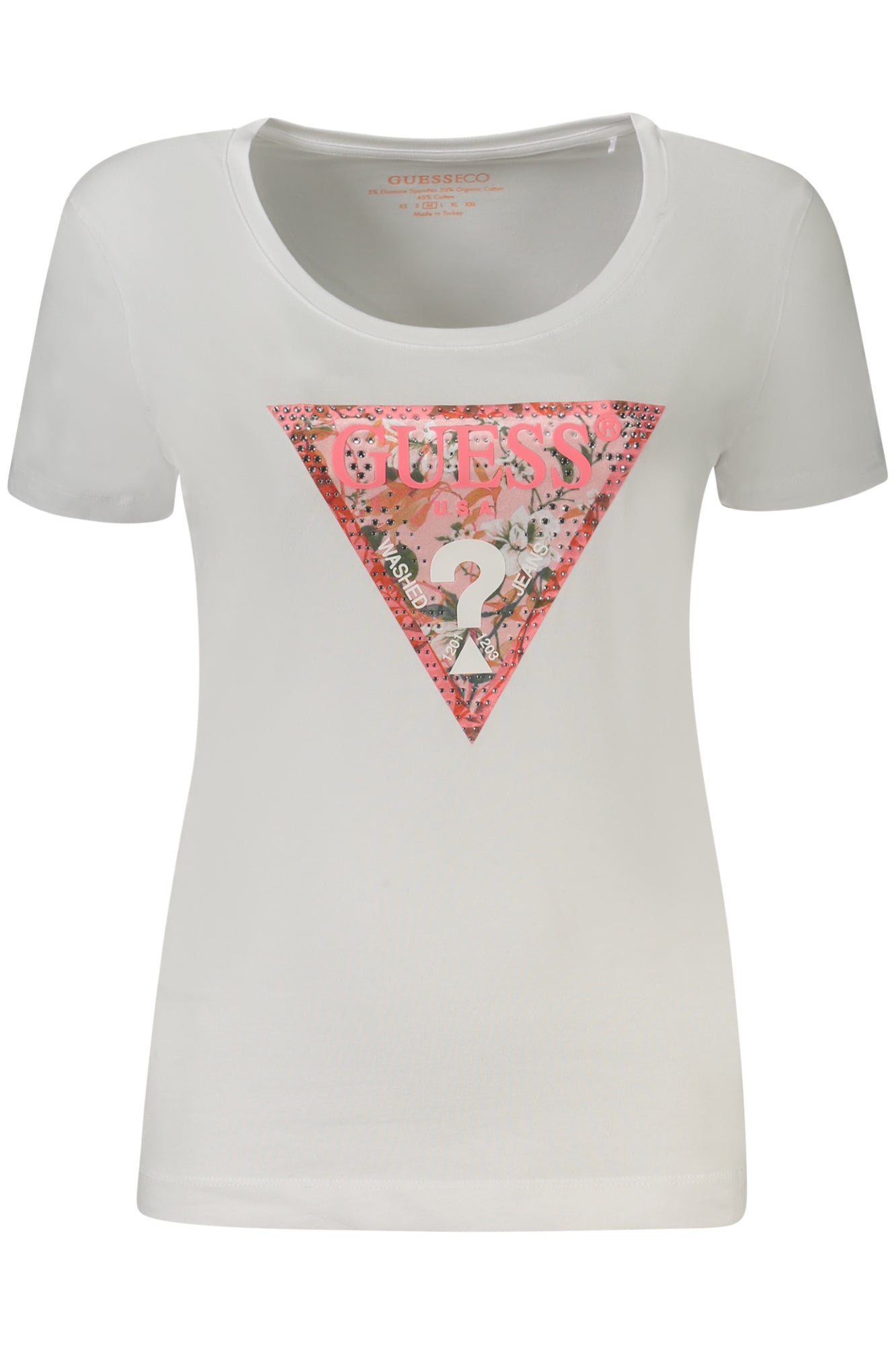 W4GI21J1314_BIG011 – Weißes Damen T-Shirt mit Print & Strass aus Bio-Baumwolle – Größe: M – Farbe: Bianco