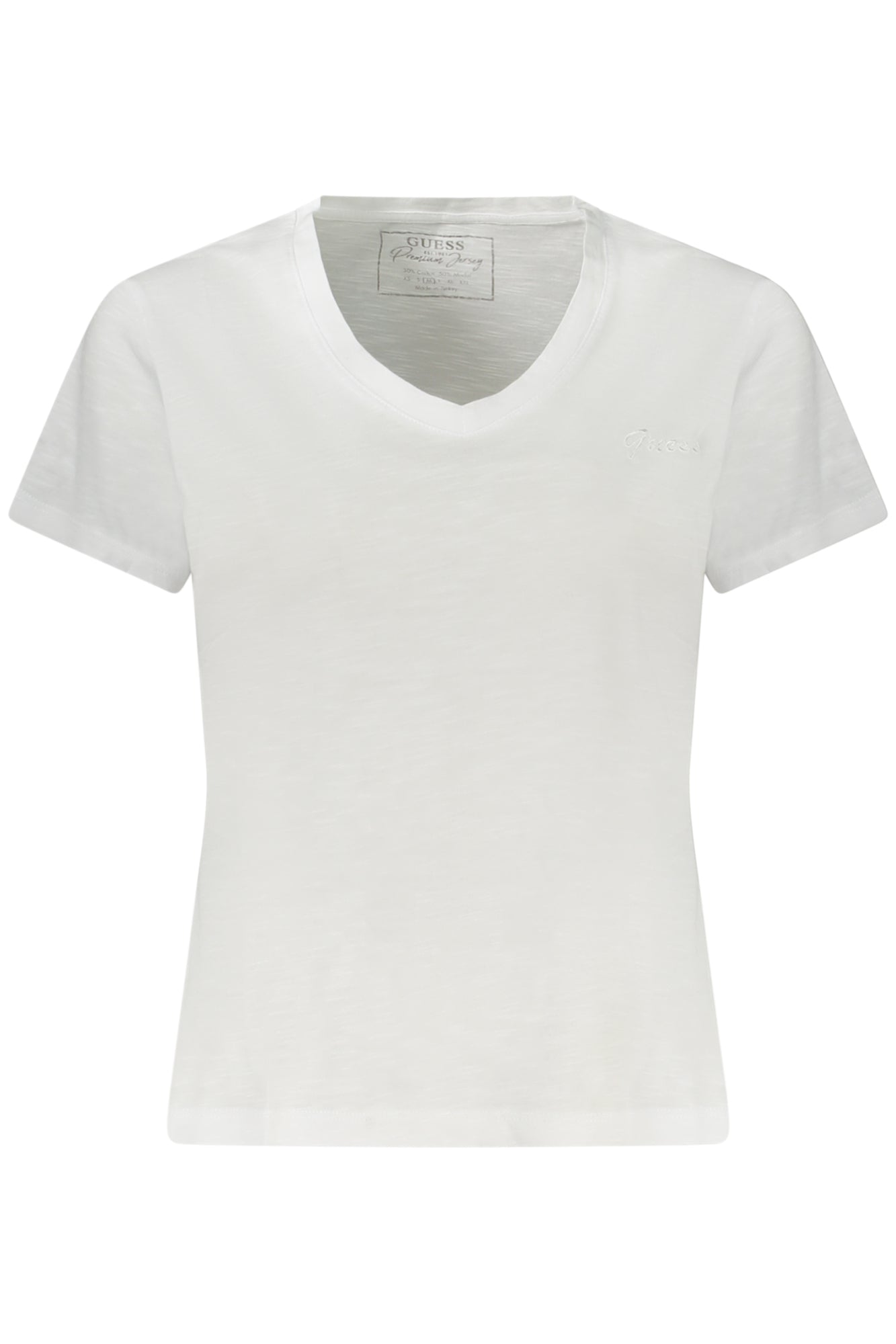 W4GI66KC8T0_BIG011 – Damen Kurzarm T-Shirt Weiß mit V-Ausschnitt und Stickerei-Details – Größe: XS, S, M, L – Farbe: Bianco
