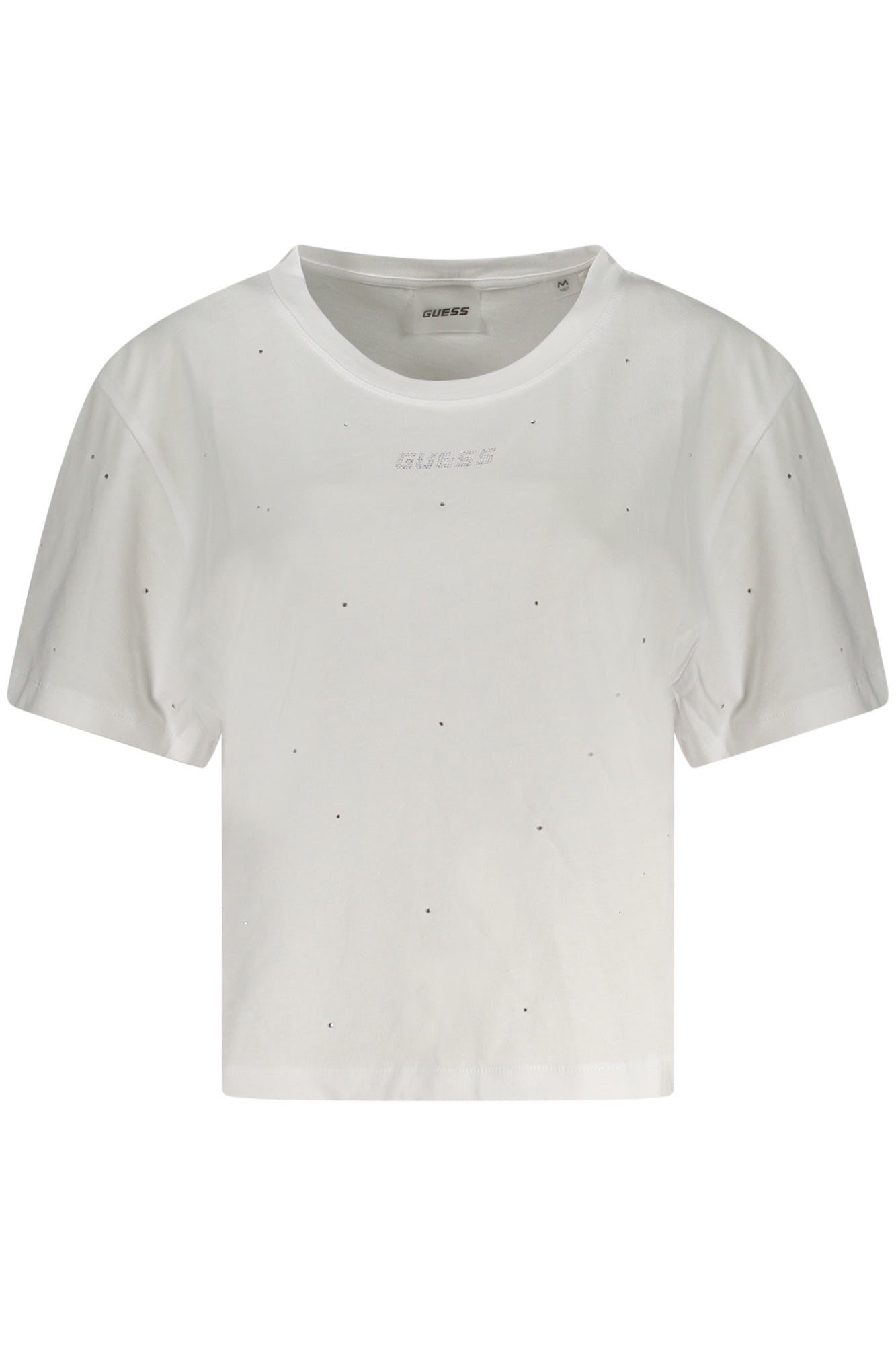 V5GI00I3Z14_BIG011 – Weißes Damen T-Shirt: Kurzarm, Rundhals, Strassdetails, Logo-Design – Größe: XS, S, M, L – Farbe: Bianco