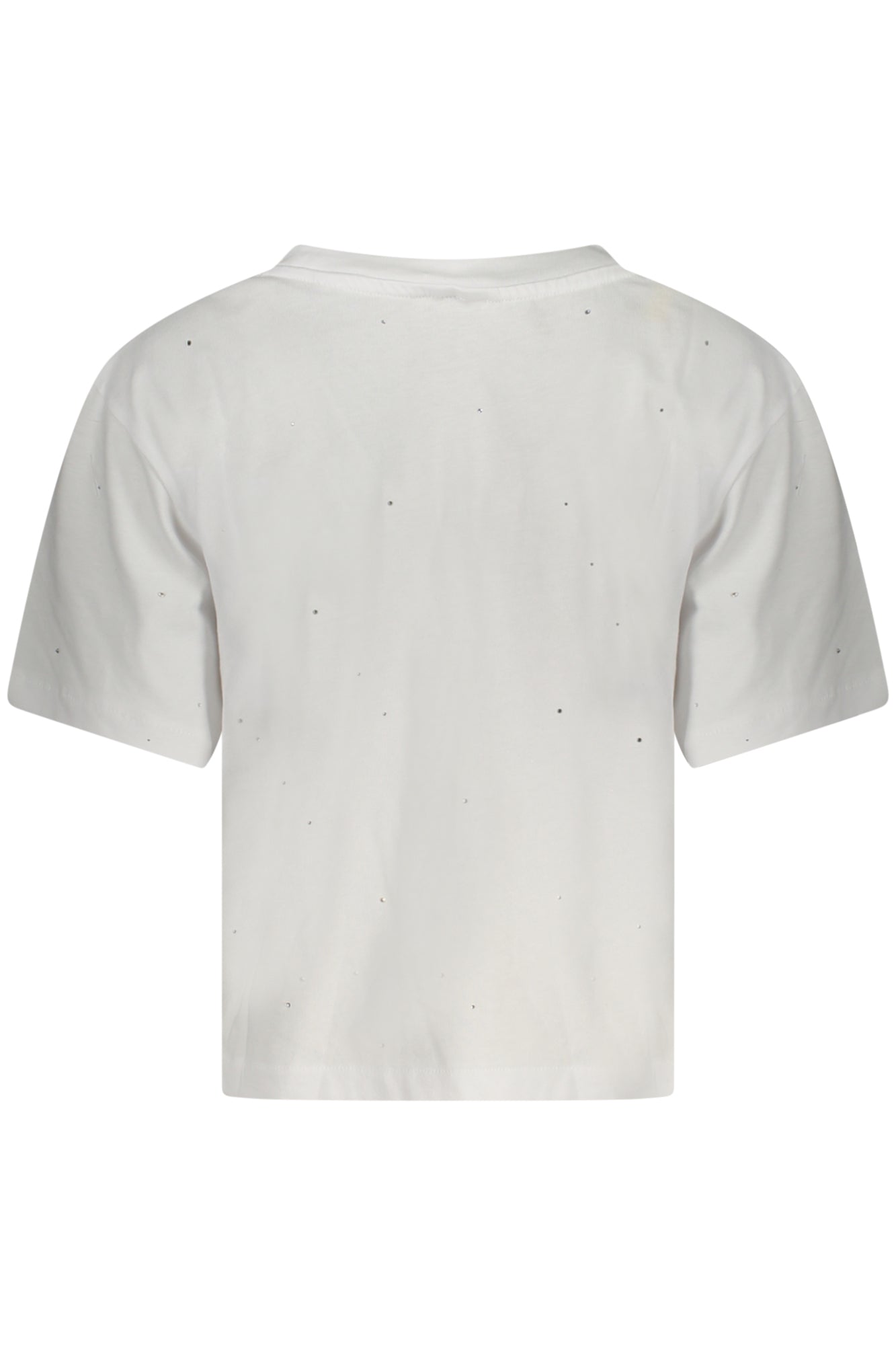 V5GI00I3Z14_BIG011 – Weißes Damen T-Shirt: Kurzarm, Rundhals, Strassdetails, Logo-Design – Größe: XS, S, M, L – Farbe: Bianco