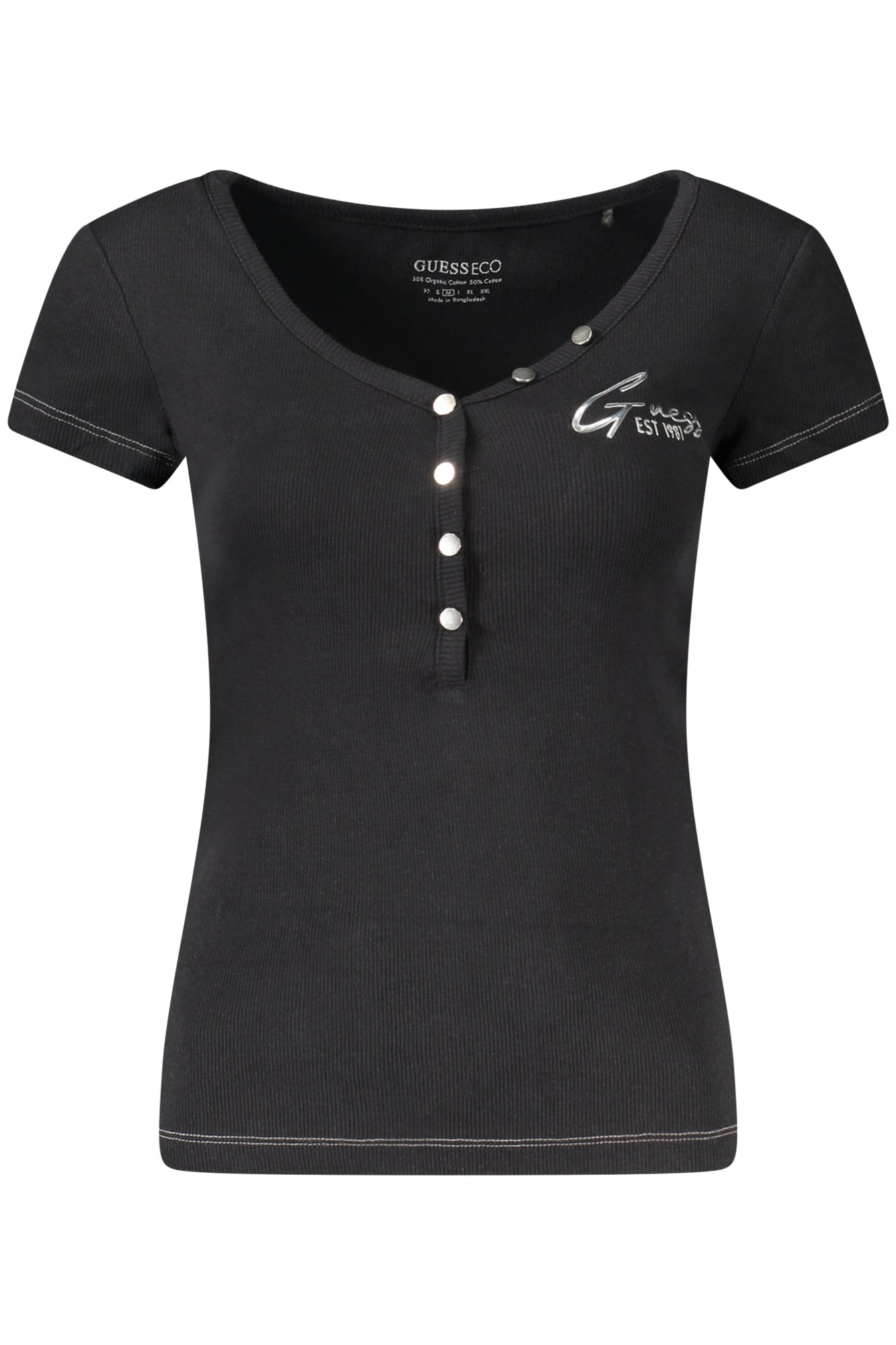 W4RP47K1814_NEJBLK – Damen Schwarz Kurzarmshirt aus Bio-Baumwolle mit V-Ausschnitt. – Größe: XS, M, L, S – Farbe: Nero