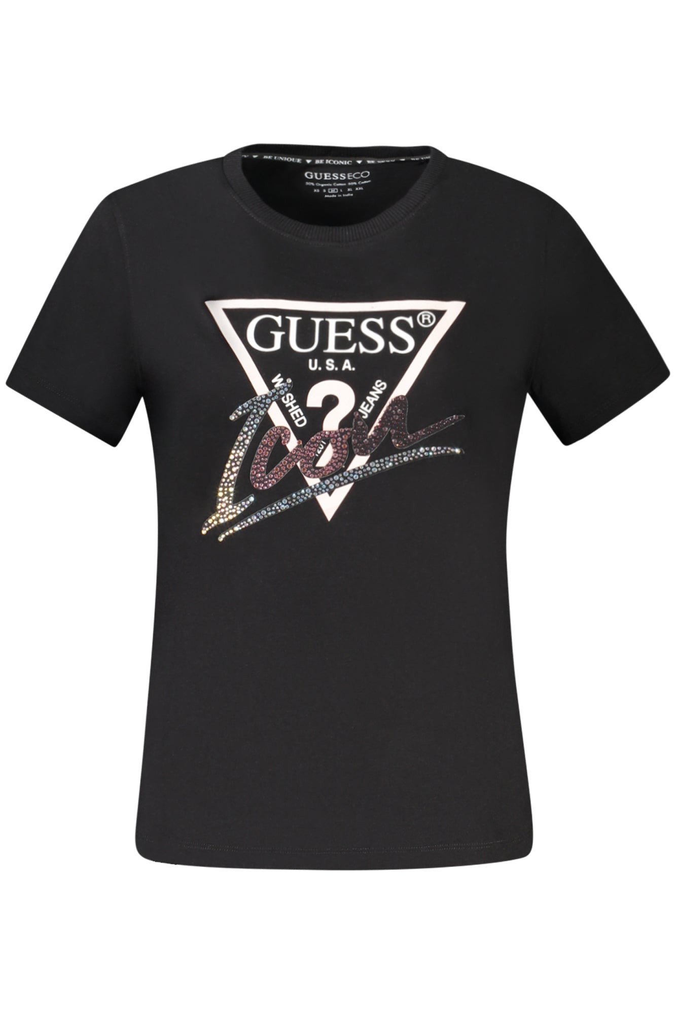 W4GI20I3Z14_NEJBLK – Elegantes Damen T-Shirt Schwarz aus Bio-Baumwolle mit Strass-Druck – Größe: XS, S, L – Farbe: Nero