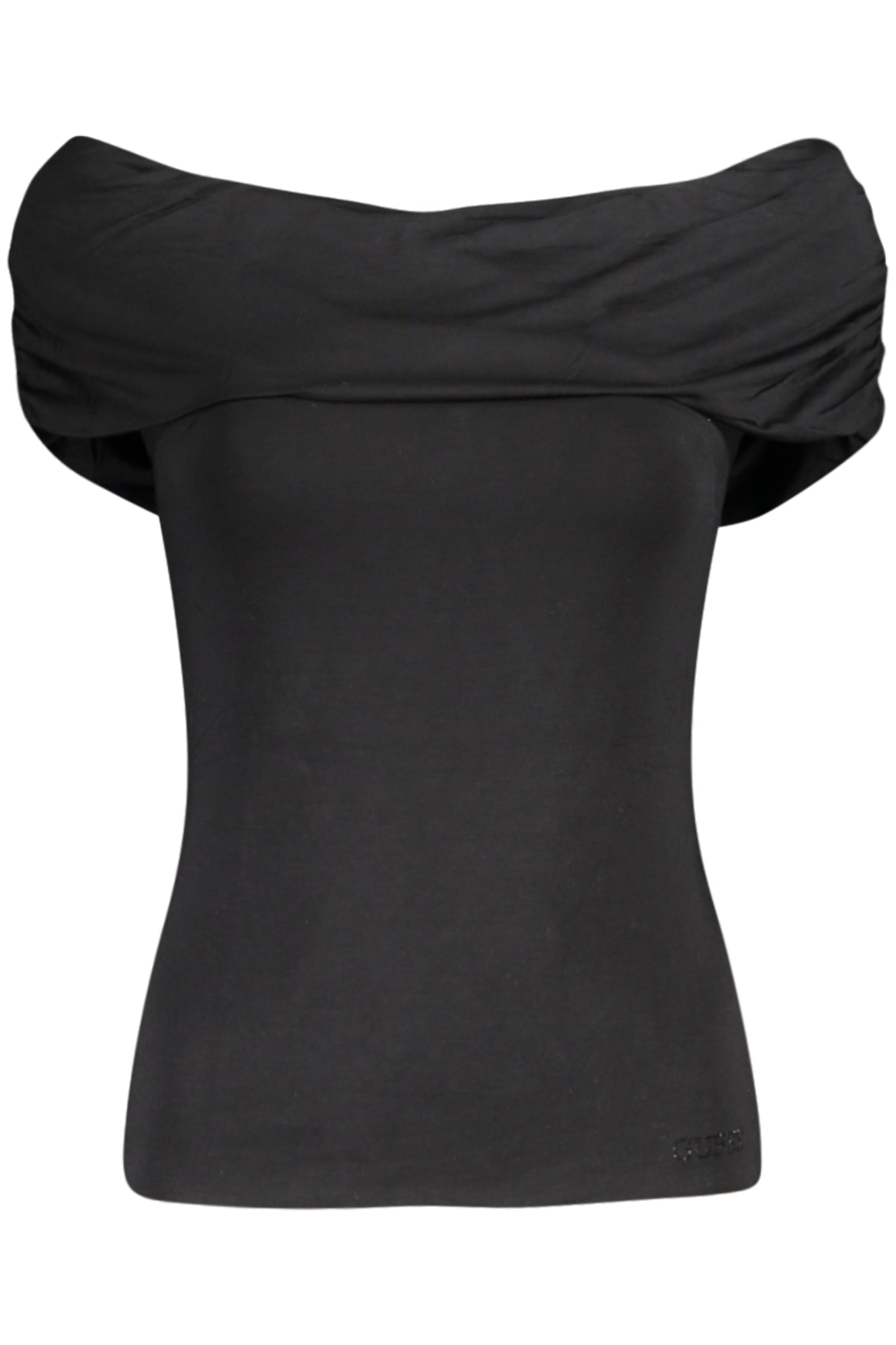 W5GP08KACM2_NEJBLK – Schulterfreies Damen T-Shirt mit Strassapplikation in Schwarz – Größe: XS, S, M, L – Farbe: Nero