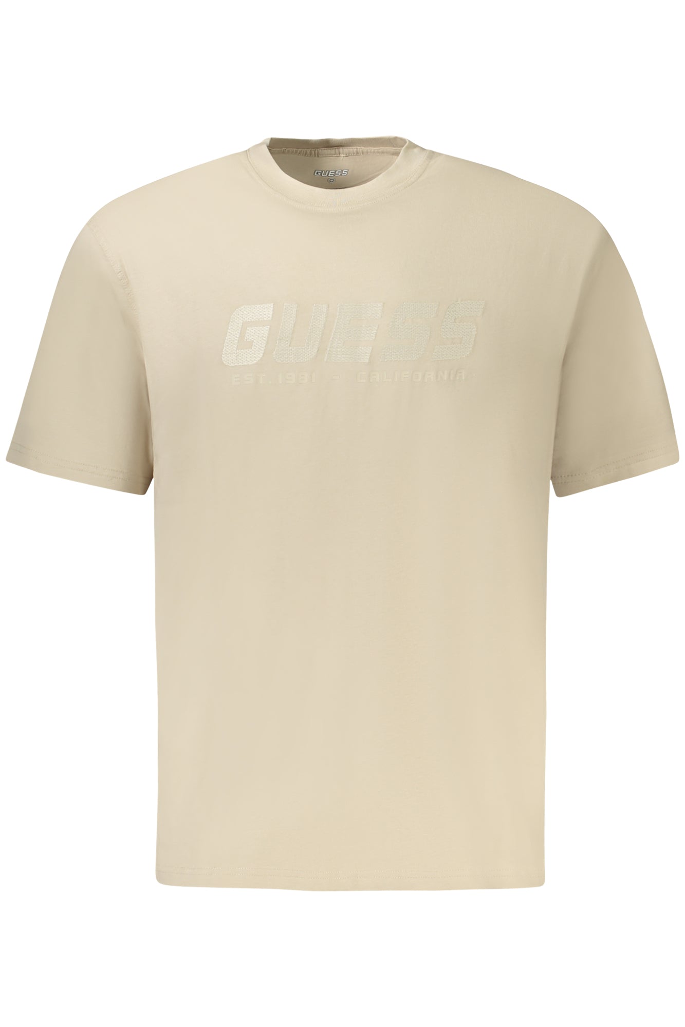 Z5RI10I3Z14_BEG9D0 – Beiges Herren-T-Shirt: Kurzarm, Rundhals, Stickerei & Druck-Design – Größe: XS, S, M, L, XL, 2XL – Farbe: Beige