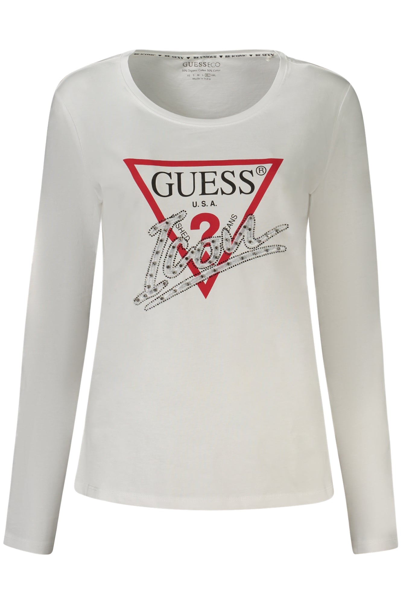 W4YI33I3Z14_BIG011 – Elegantes Damen Langarmshirt aus Bio-Baumwolle mit Strass-Deko – Größe: XS, S, XL – Farbe: Bianco