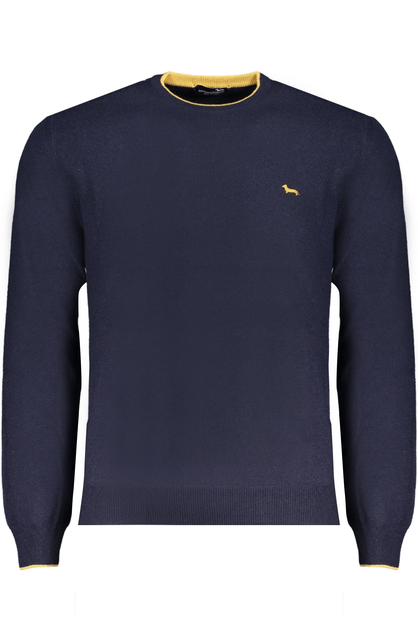 HRM007030187_BL801 – Blauer Herrenpullover: Langarm, Rundhals, Kontrastdetails, Stickerei – Größe: S, M, L, XL, 2XL – Farbe: Blu