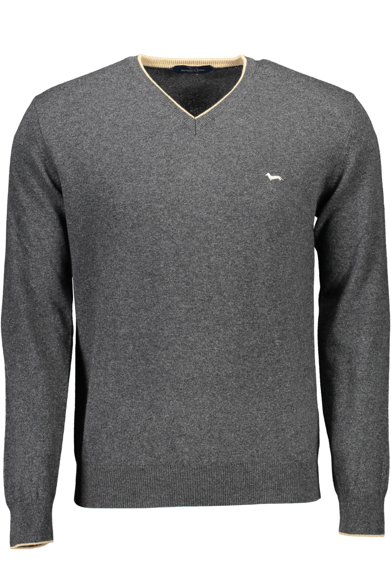 HRG008030187_GRIGIO_915 – Eleganter Herren-Pullover: Grau, V-Ausschnitt, Kontraste & Logo – Größe: XL, 2XL, 3XL – Farbe: Grigio