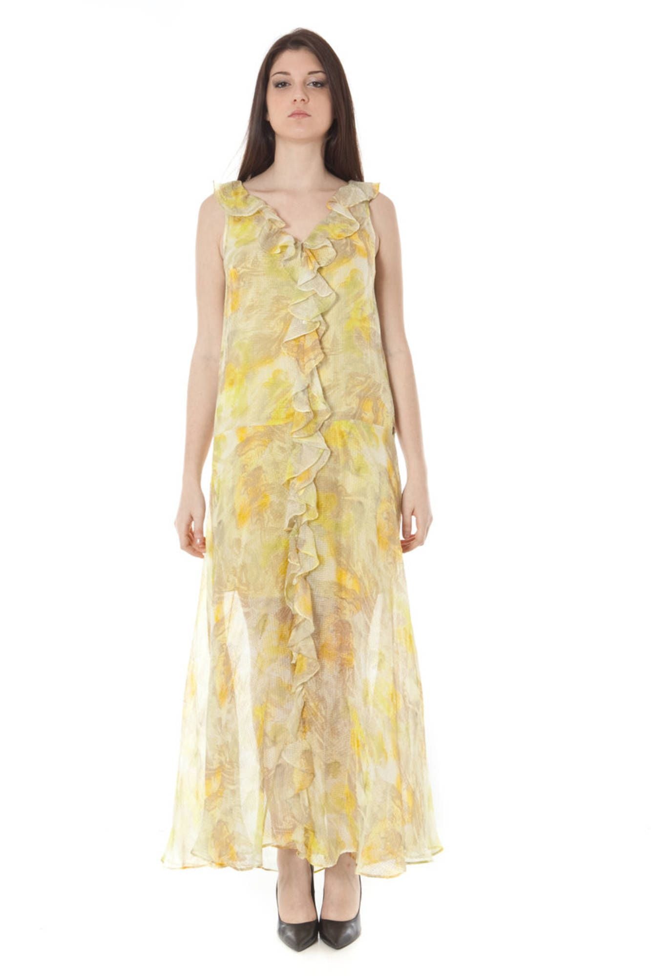 34-XR7480-71116_GIALLO_S371 – Elegantes Gelbes Damenkleid mit V-Ausschnitt und Knöpfen – Größe: 44, 48 – Farbe: Giallo