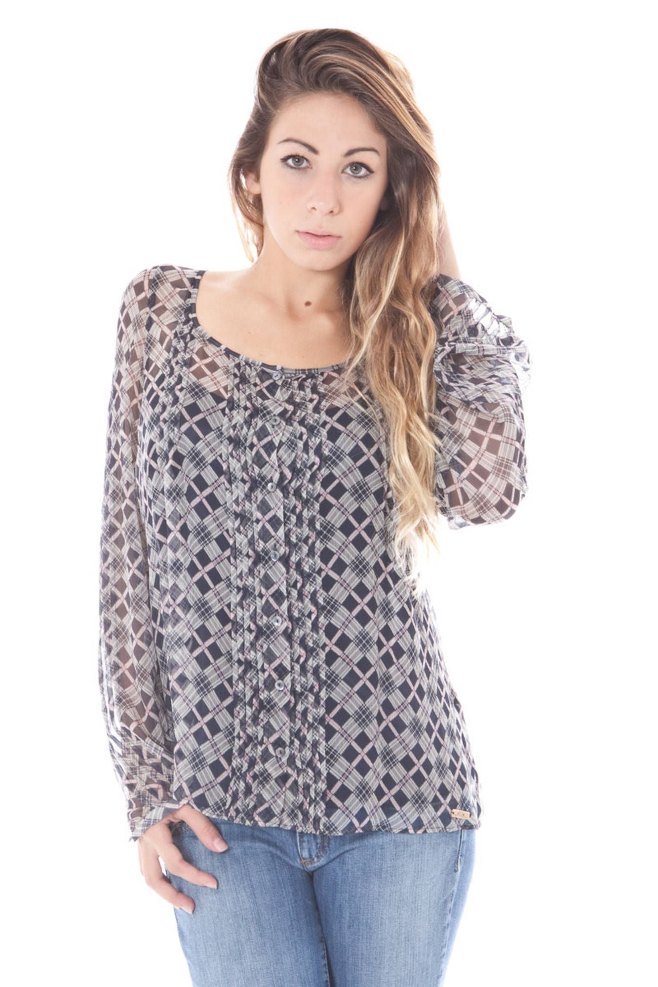 34-WR6620-68945_BLU_S705 – Elegante Damenbluse in Blau mit Rundhals und transparentem Effekt – Größe: 44 – Farbe: Blu