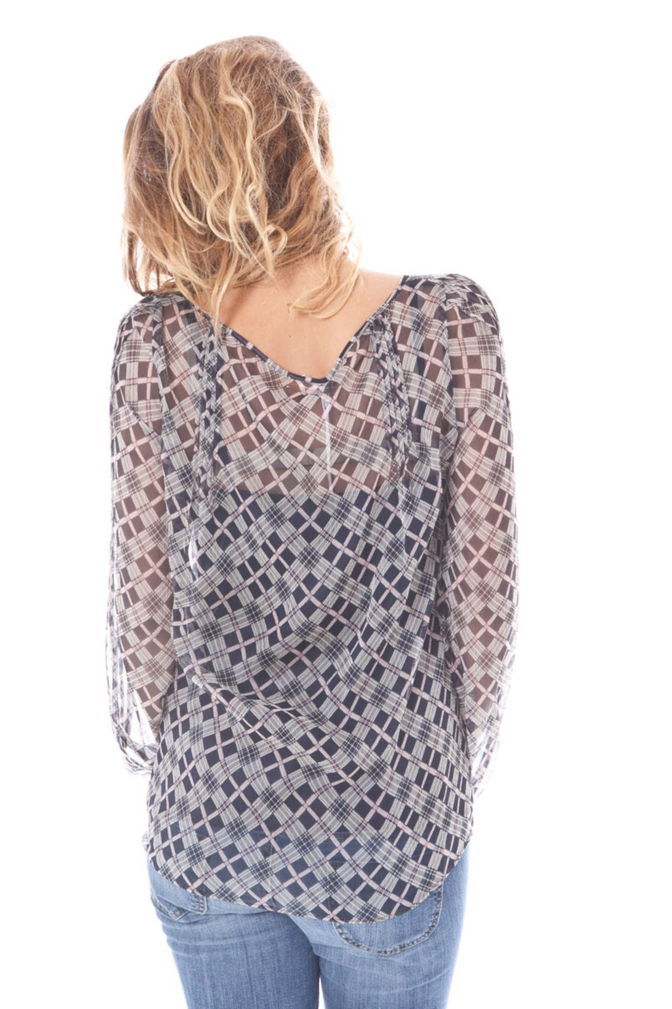 34-WR6620-68945_BLU_S705 – Elegante Damenbluse in Blau mit Rundhals und transparentem Effekt – Größe: 44 – Farbe: Blu