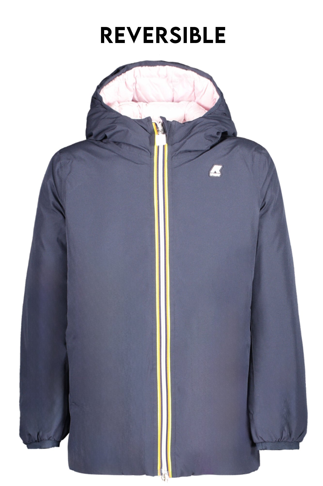 K8128DWPSOPHIE_BLAM7 – Wendbare Mädchenjacke blau/rosa mit Kapuze und Taschen – Größe: 8A, 3A, 4A – Farbe: Blu