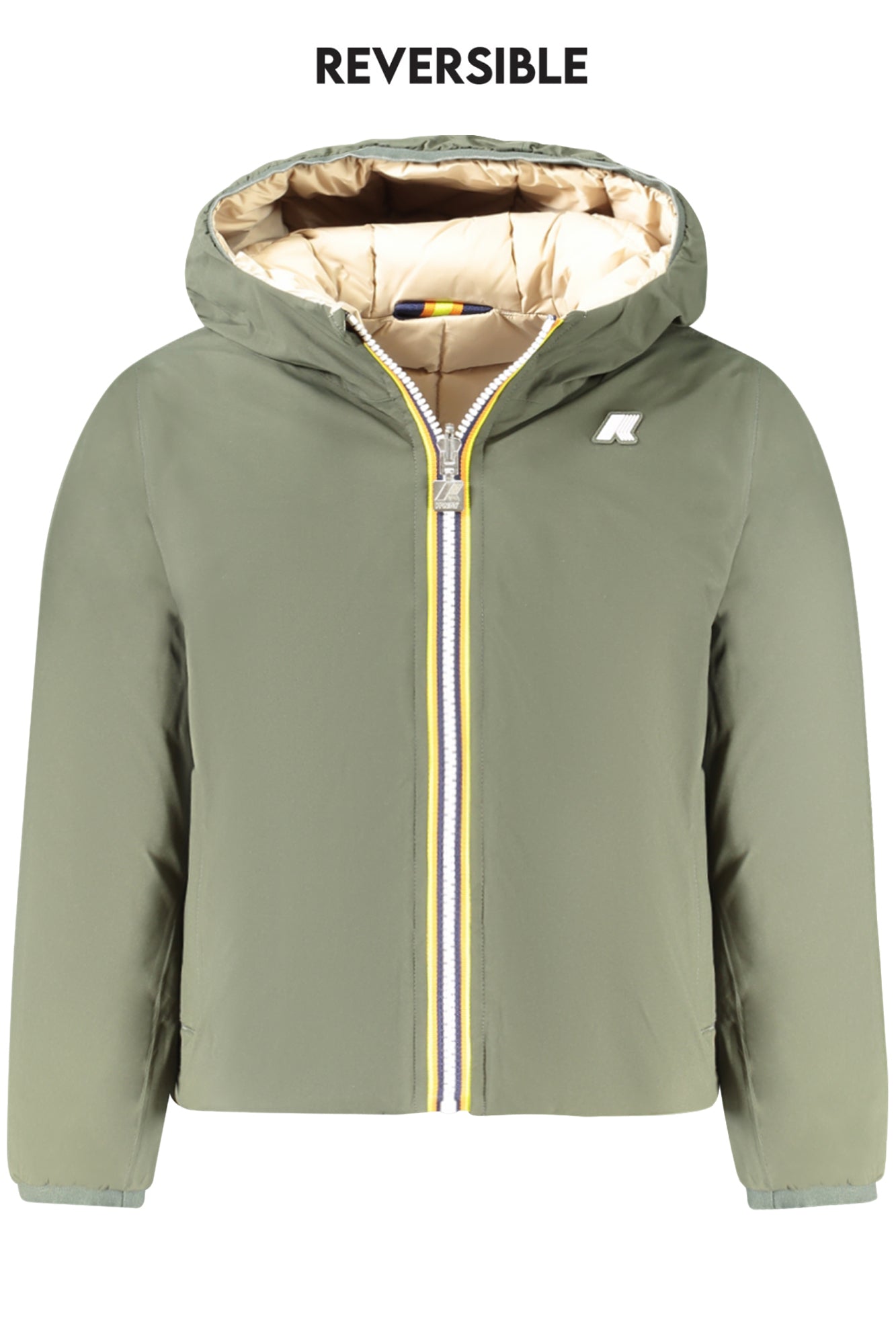 K5128VWPJACKST_VEASB – Wendbare Kinderjacke mit Kapuze in Grün/Beige aus Entendaunen – Größe: 4A, 12A, 14A, 8A, 10A, 6A – Farbe: Verde