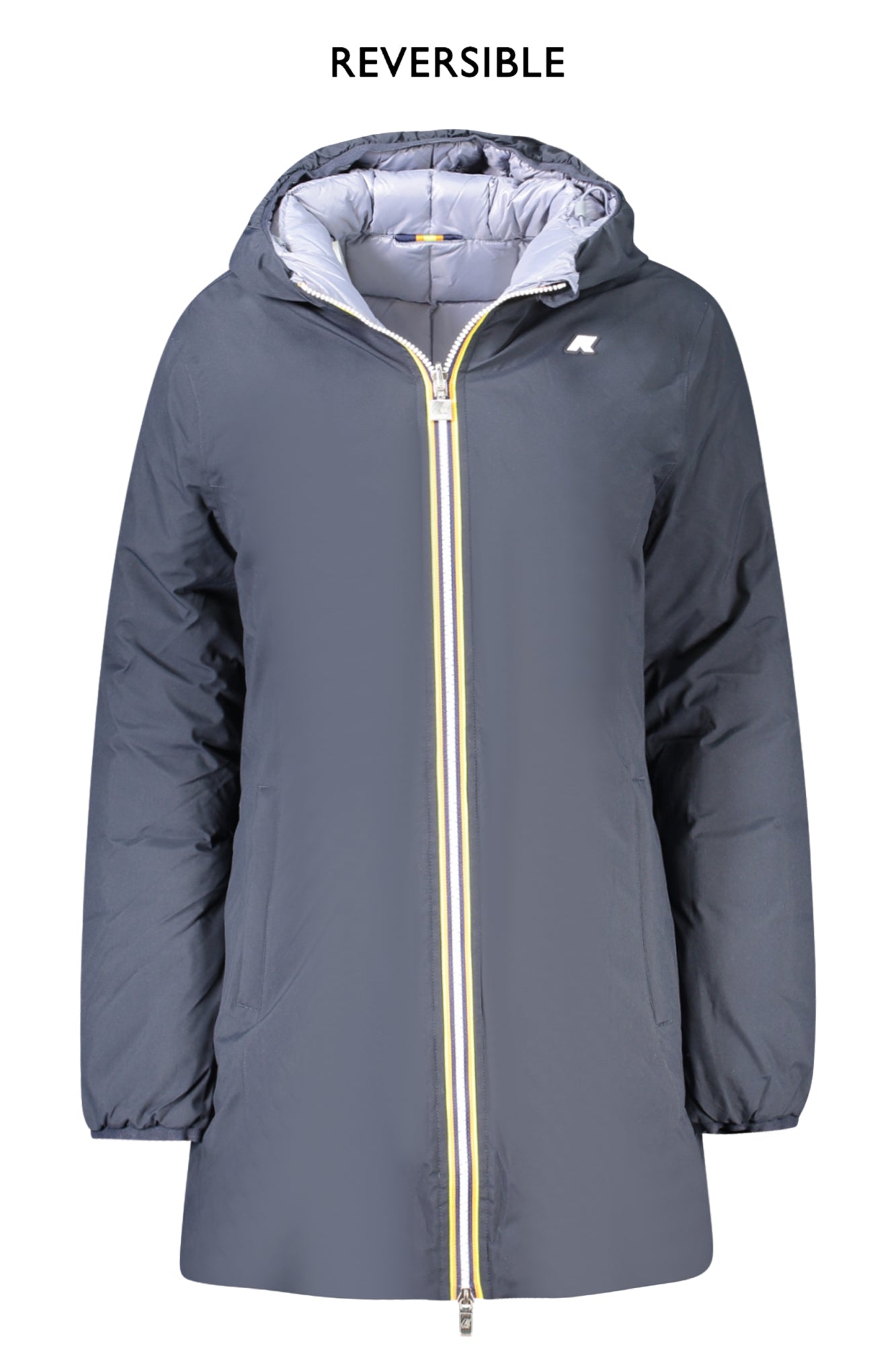 K8134CWDENISESTTHERMODOUBLE_BLASC – Wendbare Damenjacke: Lange, blaue Jacke mit Kapuze und Taschen – Größe: S, M, L, XL – Farbe: Blu