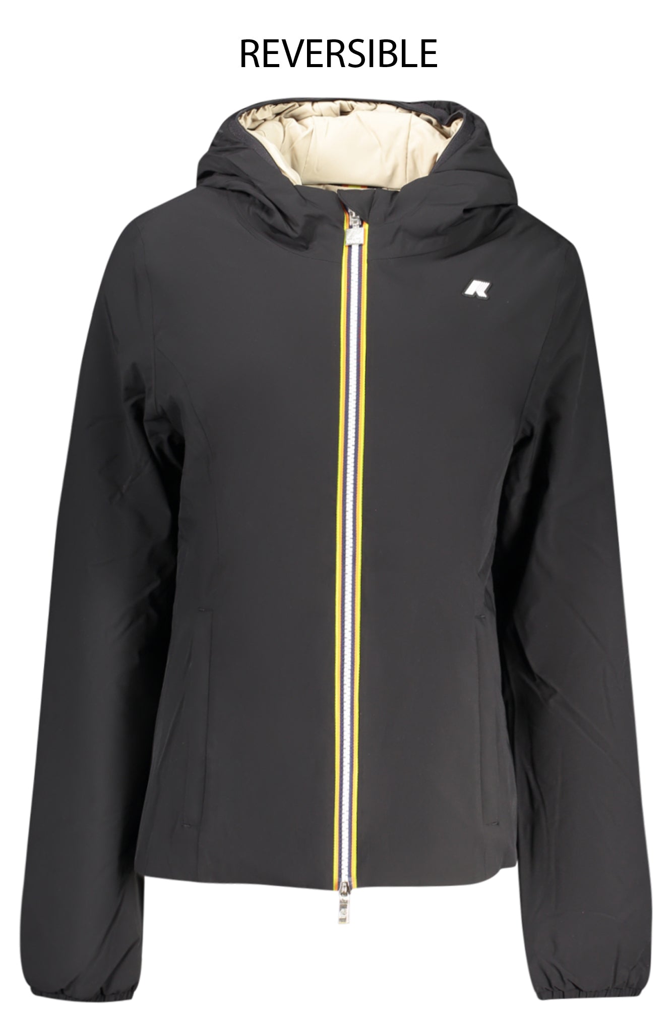 K6128TWLILYSTWARMDOUBLE_NEBC9 – Wendbare Damenjacke Schwarz/Beige mit Kapuze und Kontrastdetails – Größe: S, M, XS, L, XL – Farbe: Nero