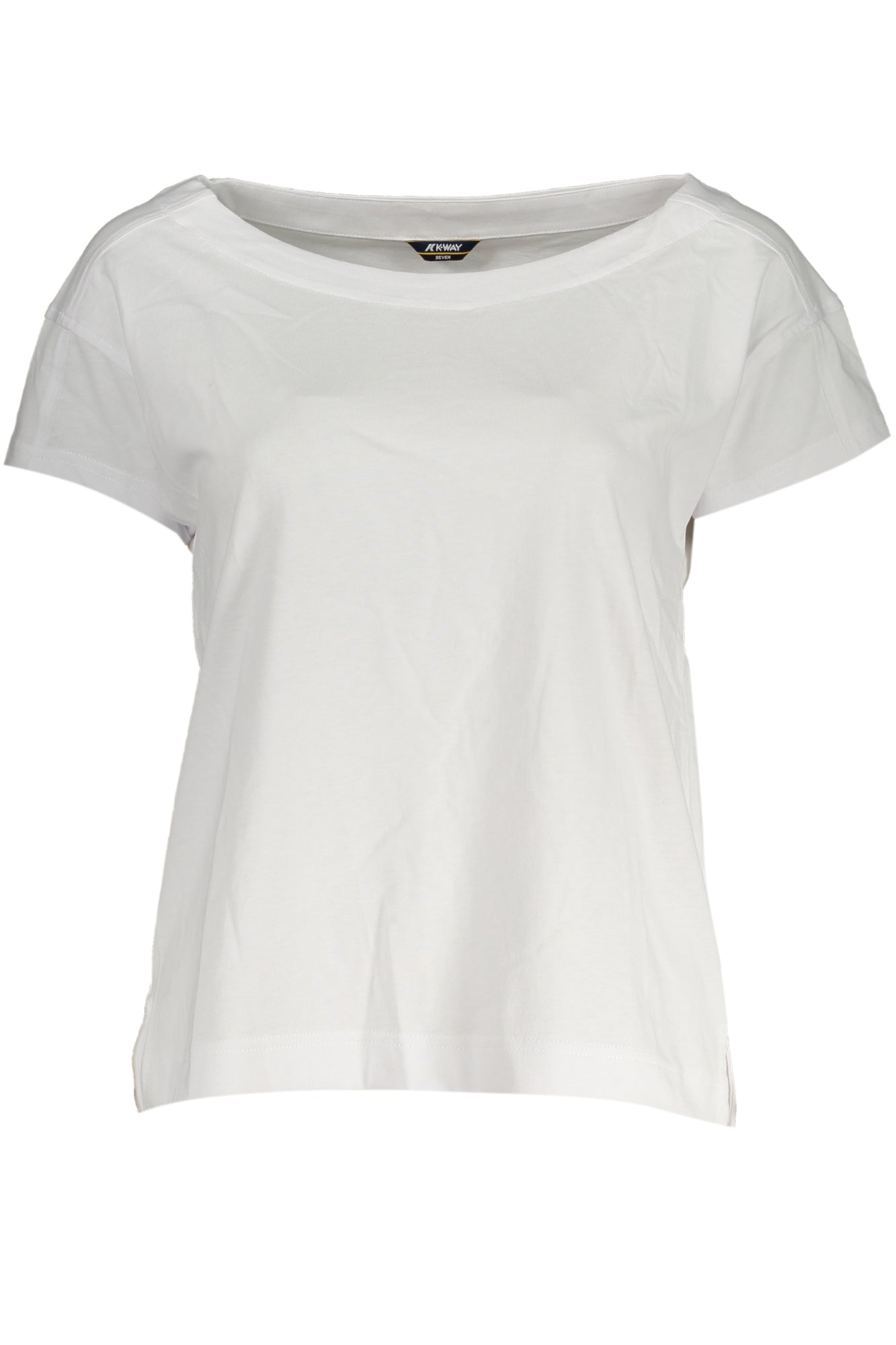 K2113VWRORY_BI001 – Weißes Damen T-Shirt mit weitem Ausschnitt und Logo-Applikation – Größe: XS, S, M – Farbe: Bianco