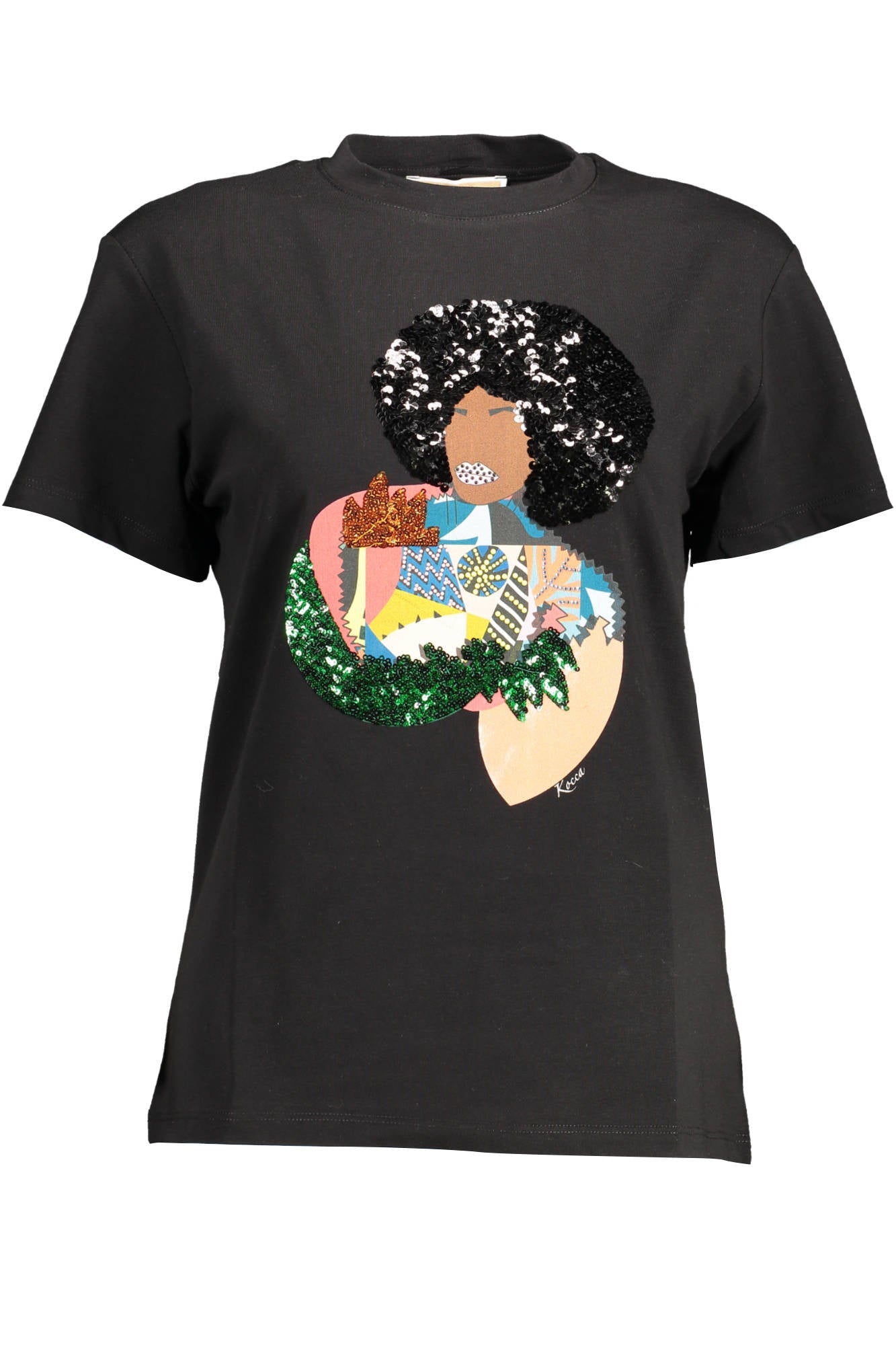 CUNARR_NERO_00016 – Schwarzes Damen T-Shirt mit Print und Applikationen – Kurzarm & Rundhals – Größe: S – Farbe: Nero