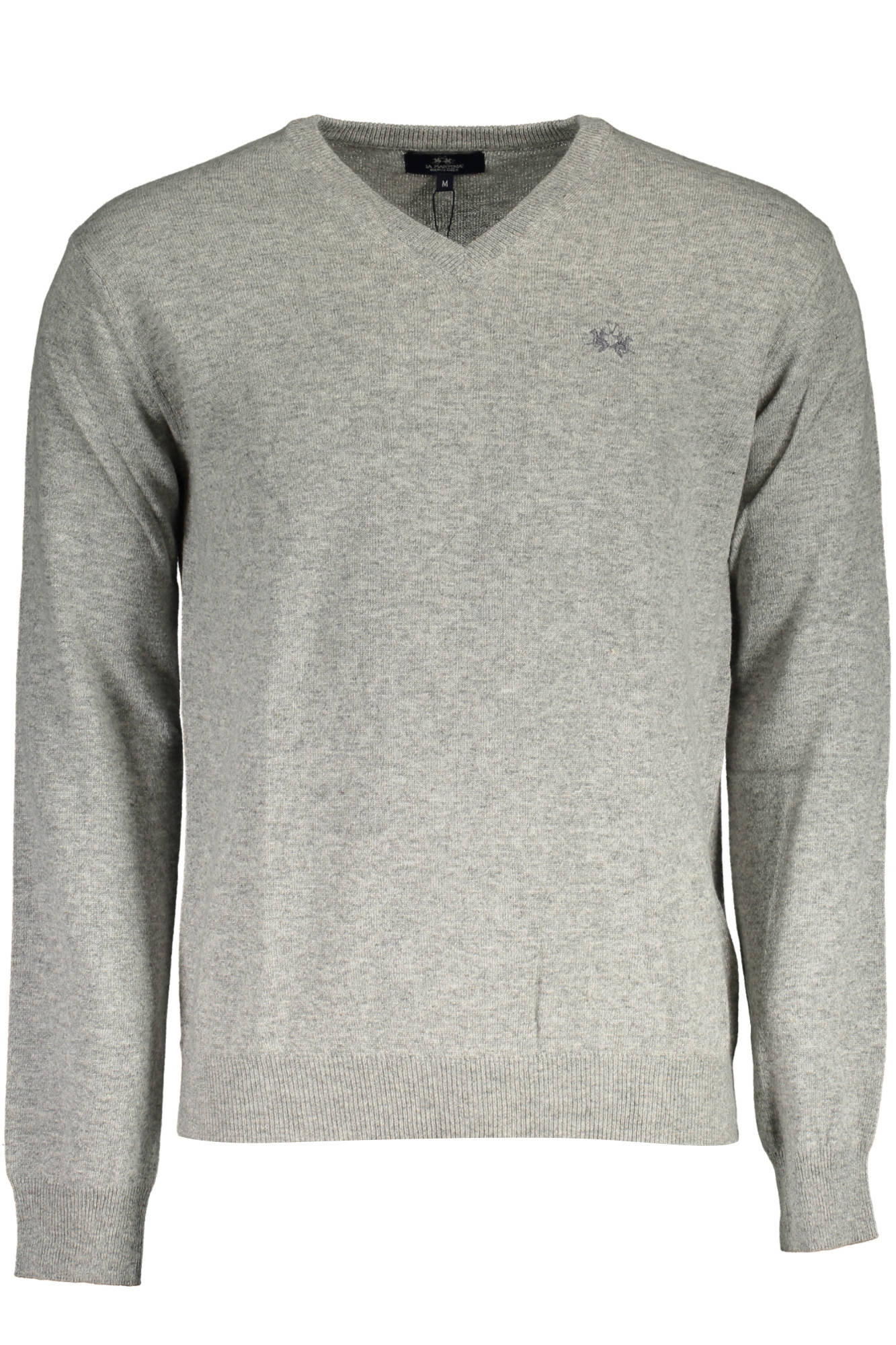 XMS001-YW084_GRIGIO_01002 – Herren-Pullover Grau - V-Ausschnitt, Regular Fit, Stickerei, Logo – Größe: S, L, XL, 2XL – Farbe: Grigio
