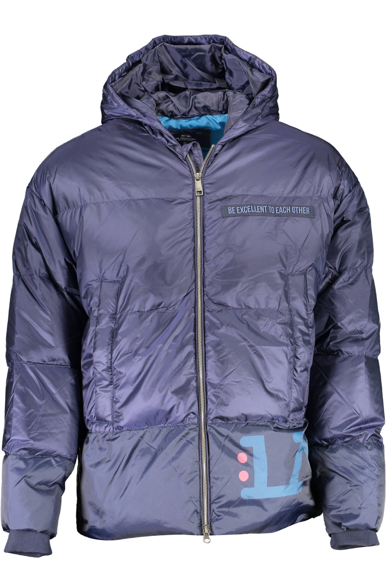 UMO300-PA064_BLU_07017 – Hochwertige Herren-Daunenjacke in Blau mit Kapuze und Kontrastdetails – Größe: L, XL – Farbe: Blu