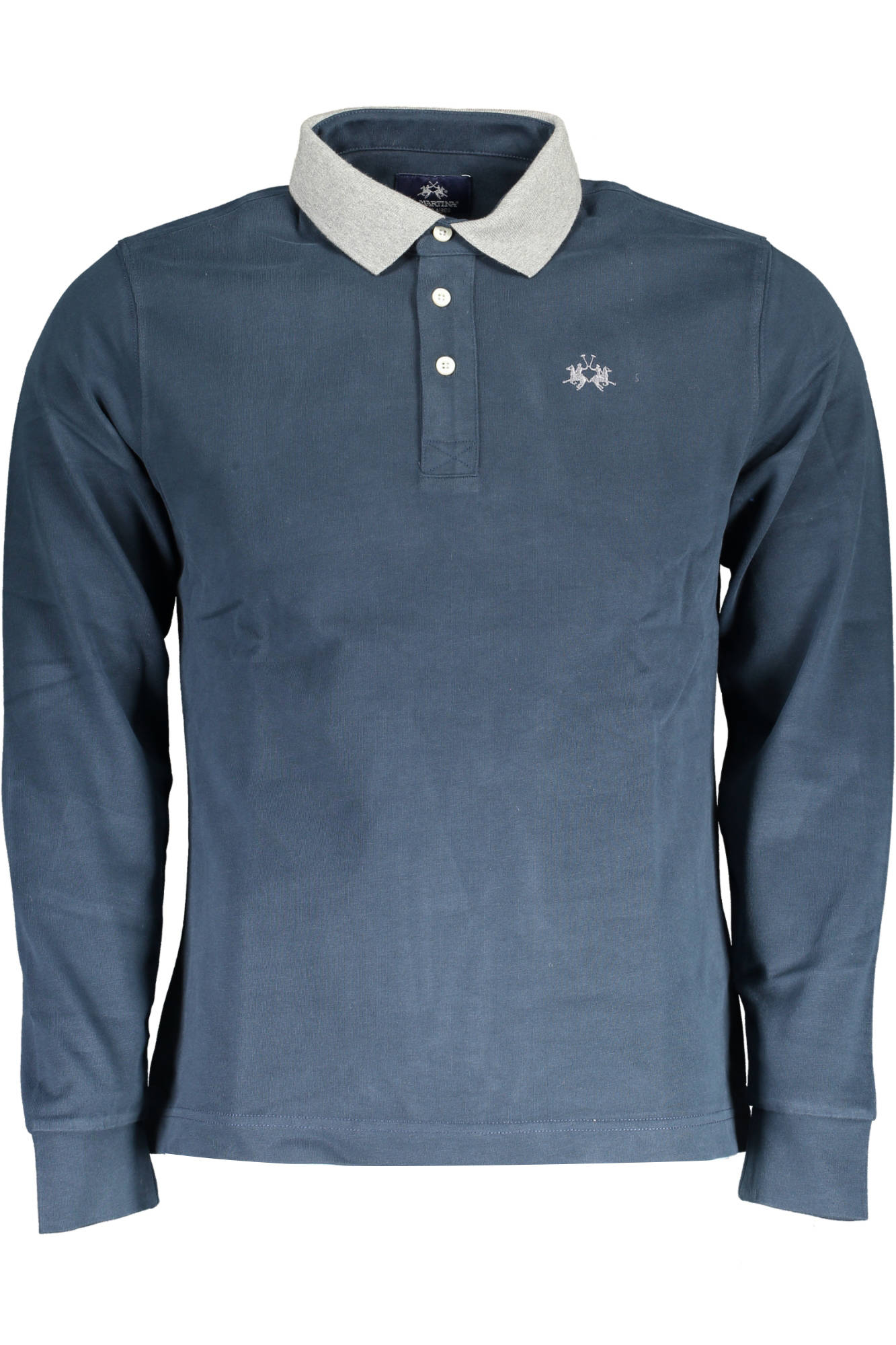XMP011-JS005_BLU_07017 – Herren Langarm Poloshirt Blau mit Stickerei und Kontrastdetails – Größe: XL – Farbe: Blu