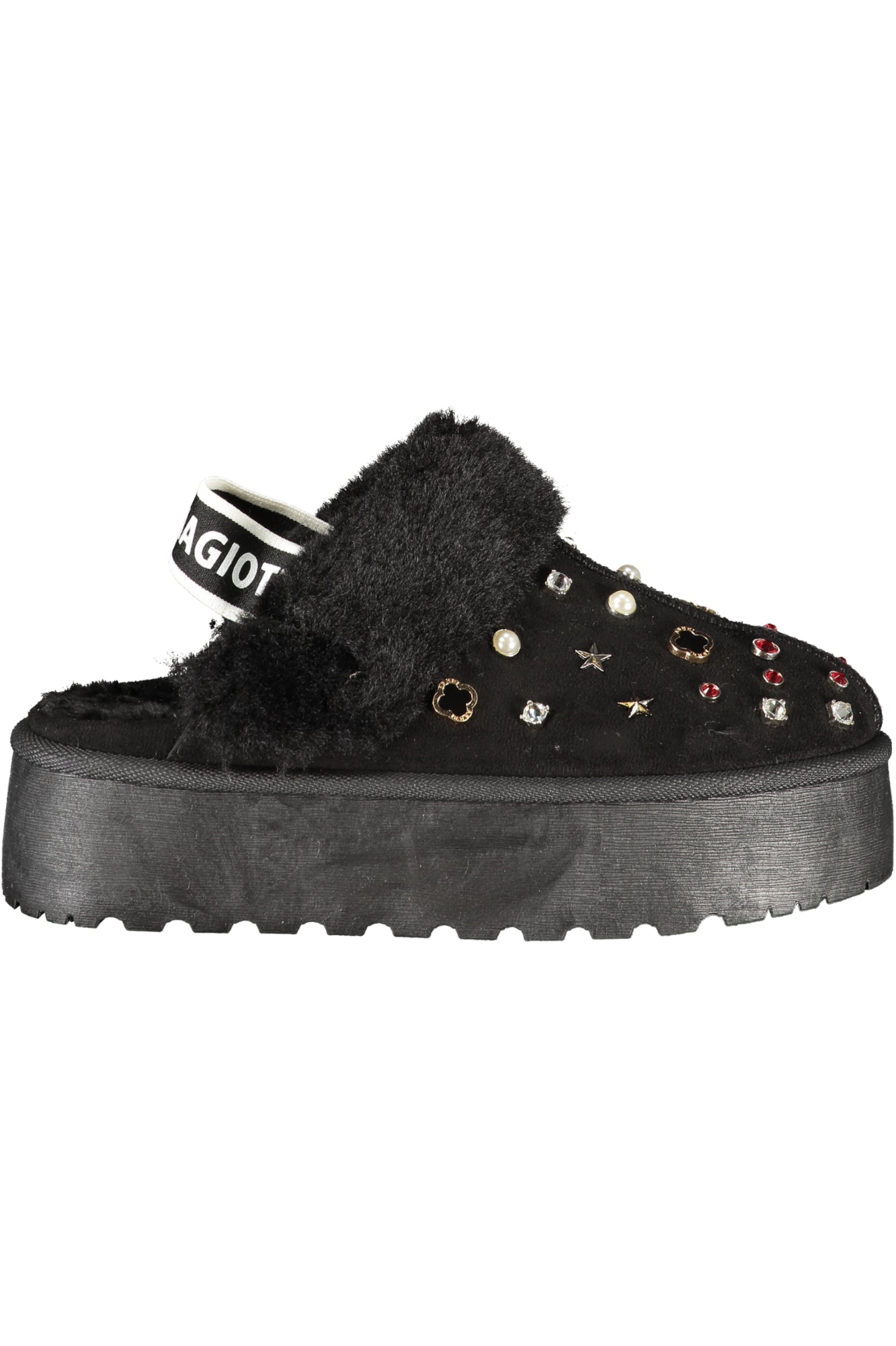 9269_NEBLACK – Elegante schwarze Damen-Pantoletten mit Fell und Strass im Winterlook – Größe: 36, 37, 38, 39, 40, 41 – Farbe: Nero