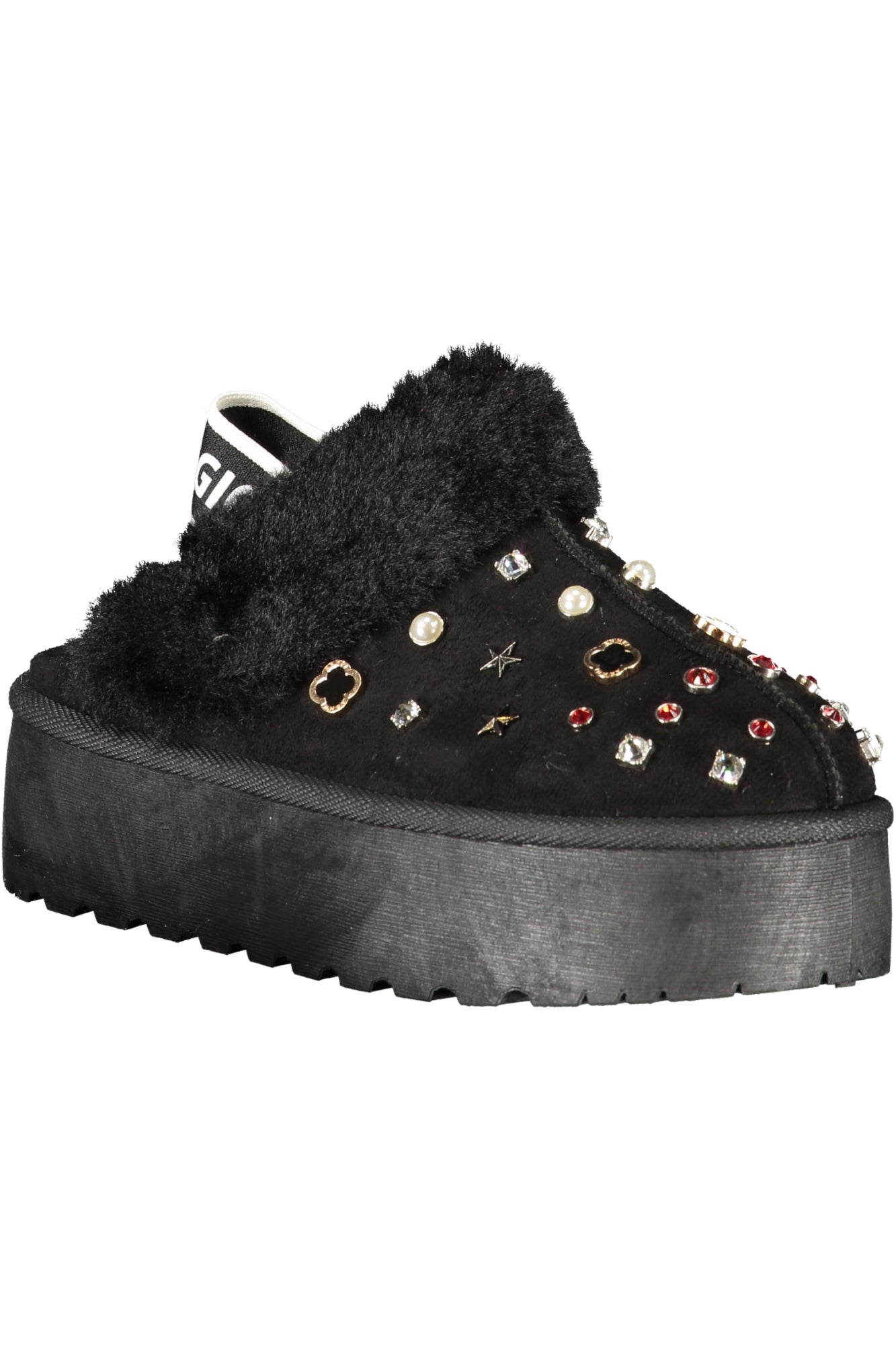 9269_NEBLACK – Elegante schwarze Damen-Pantoletten mit Fell und Strass im Winterlook – Größe: 36, 37, 38, 39, 40, 41 – Farbe: Nero