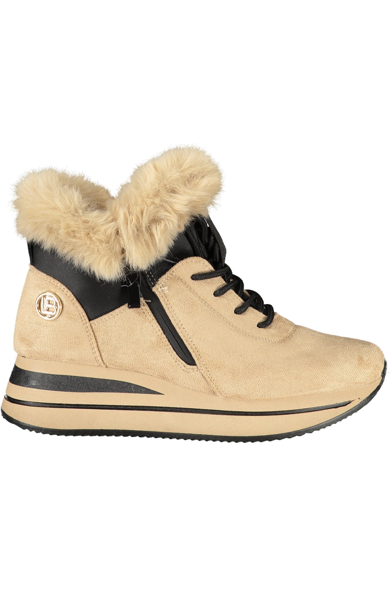 9255_BEKHAKI – Beige Damenschnürstiefel mit Reißverschluss und Fellapplikation – Größe: 36, 37, 38, 39, 40, 41 – Farbe: Beige