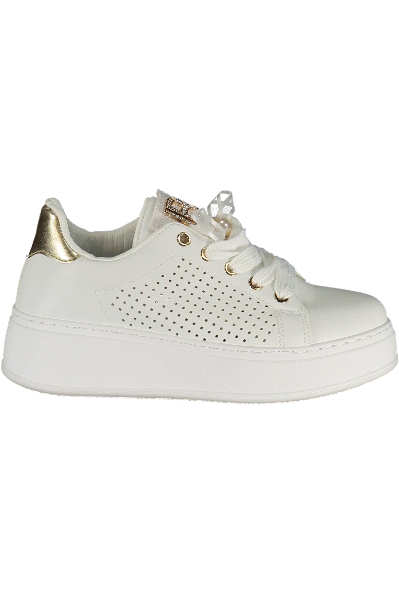 9621_BIWHITE – Moderner Damensneaker in Weiß mit goldenen Details und Wechselsohle – Größe: 36, 37, 38, 39, 40, 41 – Farbe: Bianco