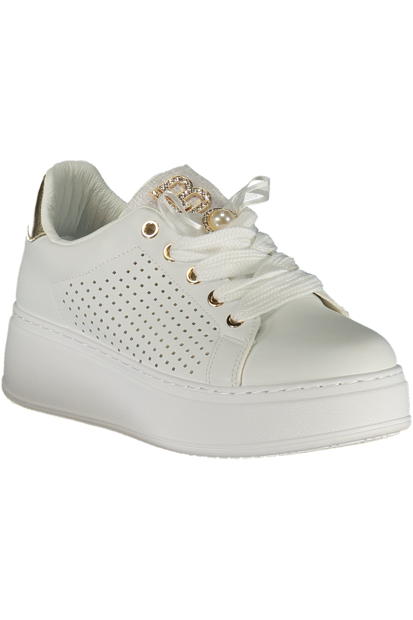 9621_BIWHITE – Moderner Damensneaker in Weiß mit goldenen Details und Wechselsohle – Größe: 36, 37, 38, 39, 40, 41 – Farbe: Bianco
