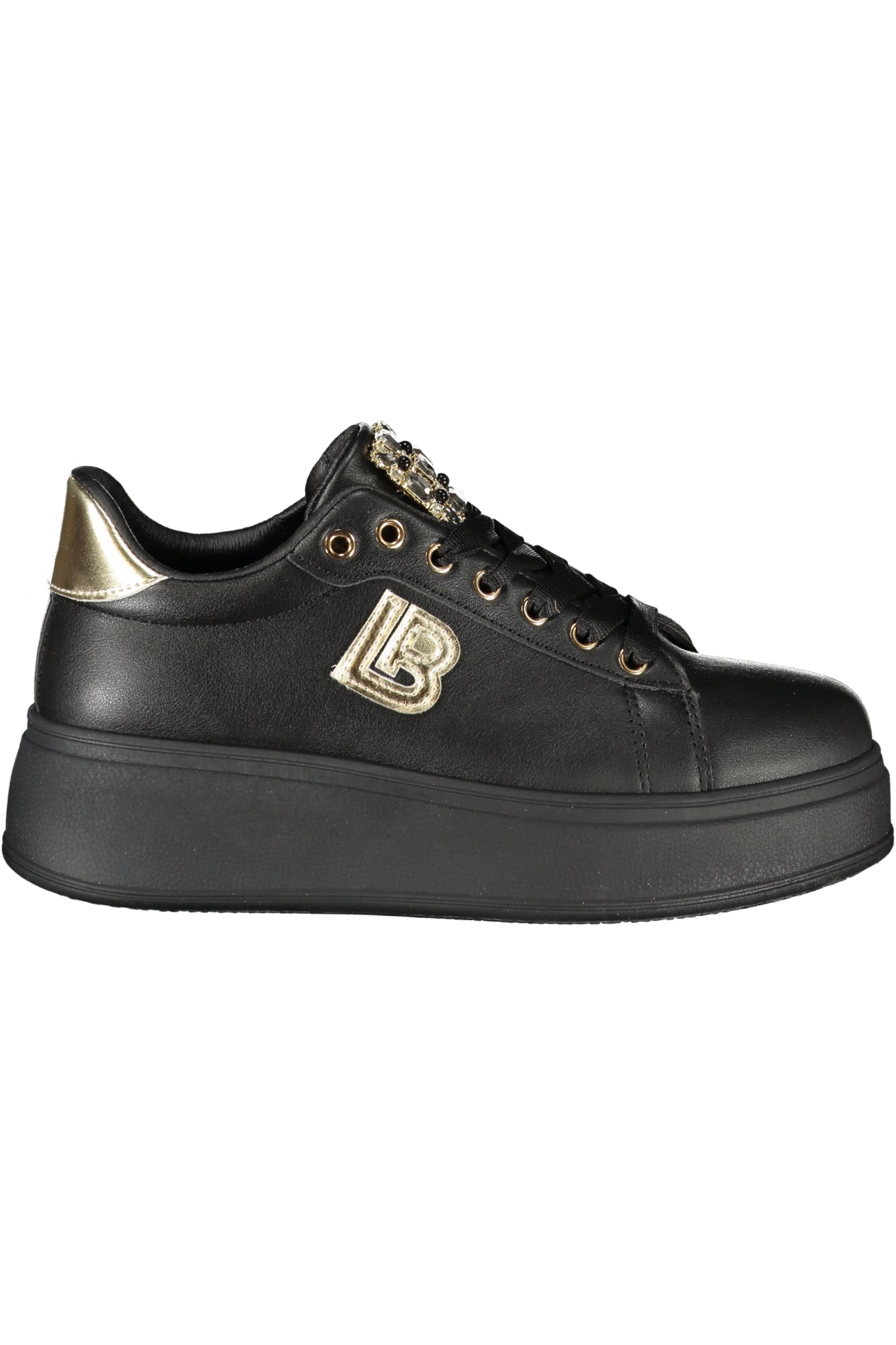 9202_NEBLACK – Elegante Sportschuhe für Damen mit Gold-Details & Strass, Plateau 5 cm – Größe: 36, 37, 38, 39, 40, 41 – Farbe: Nero