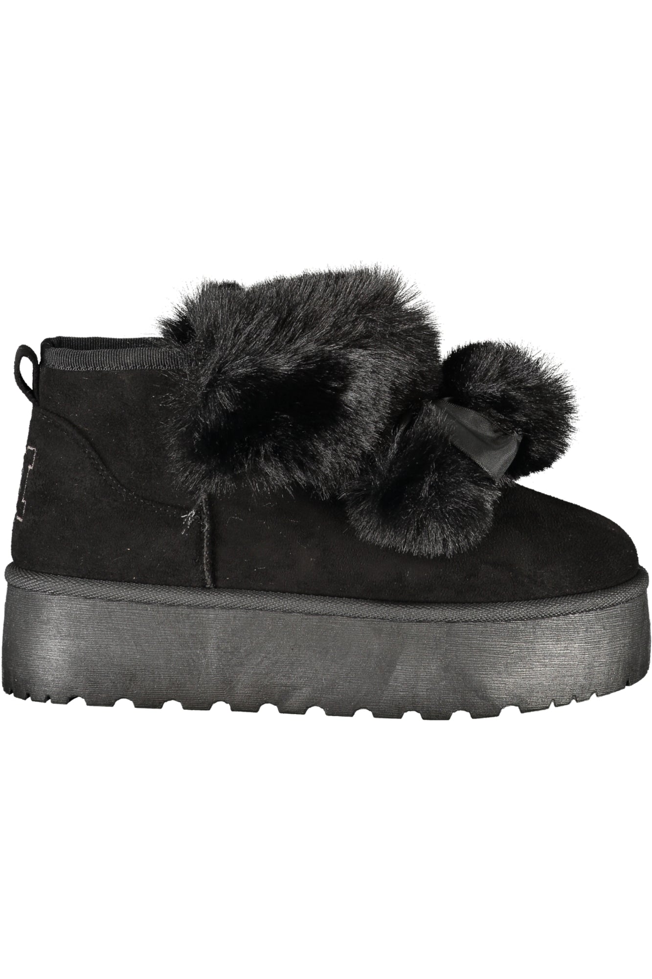 9265_NEBLACK – Stilvolle Damenstiefeletten Schwarz: Mit Fell, Pom Pom & 4 cm Keilabsatz – Größe: 36, 37, 38, 39, 40, 41 – Farbe: Nero