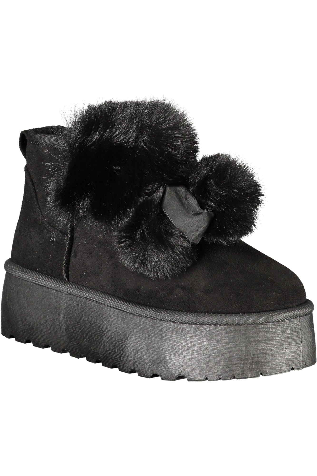 9265_NEBLACK – Stilvolle Damenstiefeletten Schwarz: Mit Fell, Pom Pom & 4 cm Keilabsatz – Größe: 36, 37, 38, 39, 40, 41 – Farbe: Nero