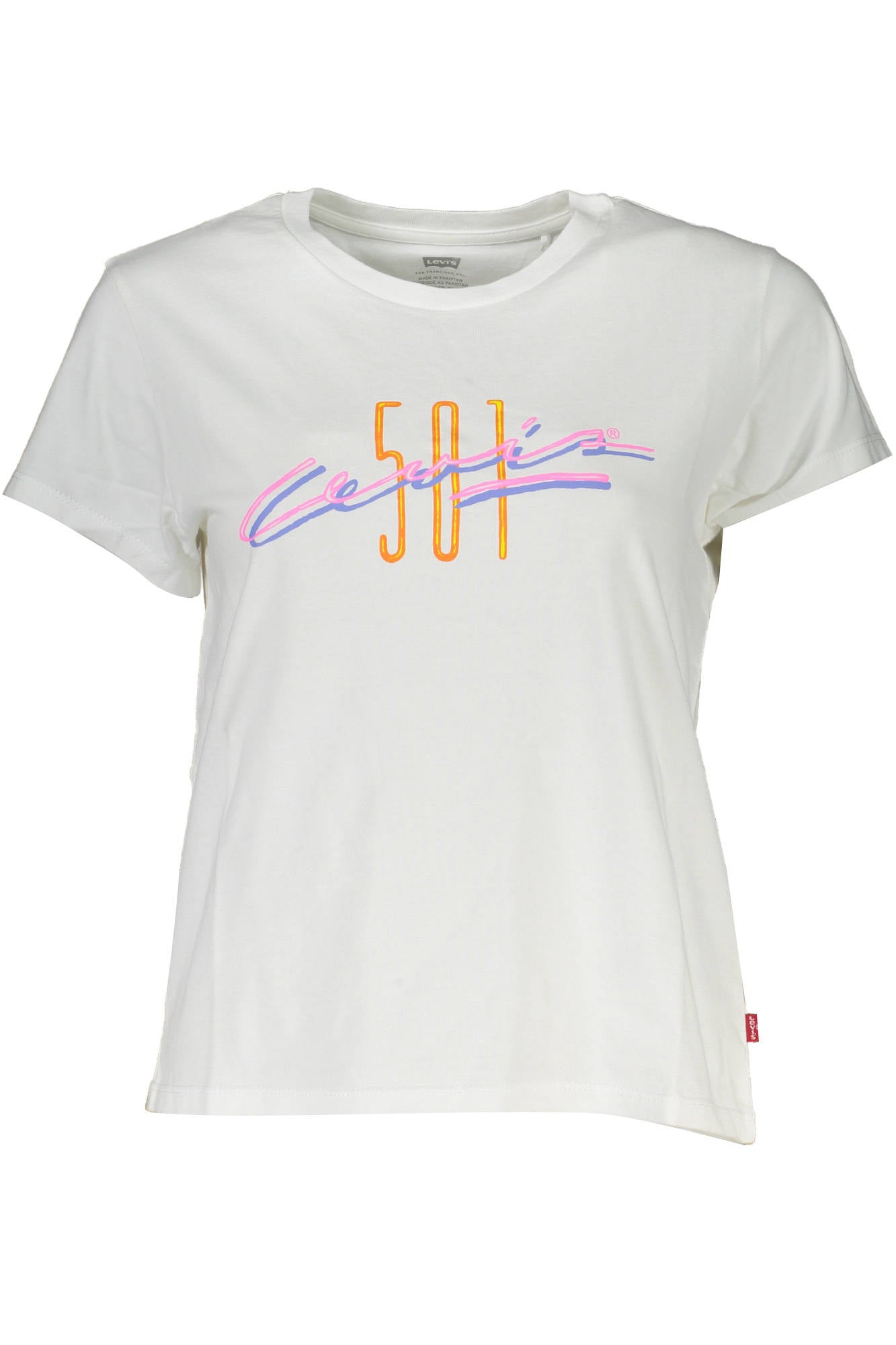 A6126_BIANCO_0019 – Weißes Kurzarm Damen T-Shirt mit Rundhals und Druckmotiv – Größe: XS, S, M, L – Farbe: Bianco