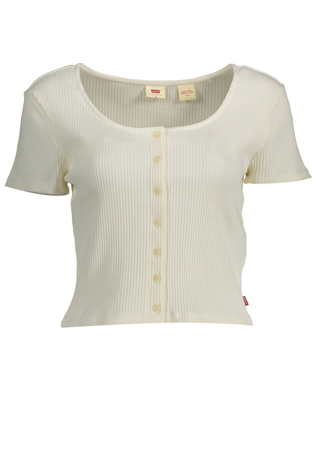 A3389_BIANCO_0000 – Kurzarm Damen T-Shirt in Weiß, Knöpfe & weiter Ausschnitt mit Logo – Größe: XS, S, M, L – Farbe: Bianco