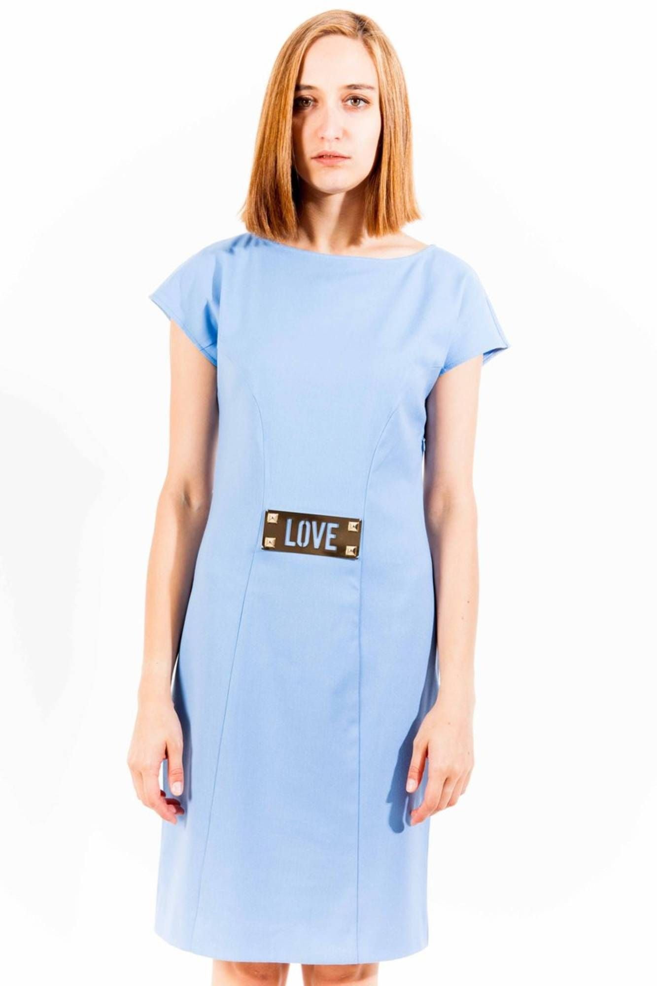 W-V-D48-80-S-2567_AZZURRO_X78 – Elegantes Blaues Damenkleid mit Reißverschluss und Logo-Einsatz – Größe: 40 – Farbe: Azzurro