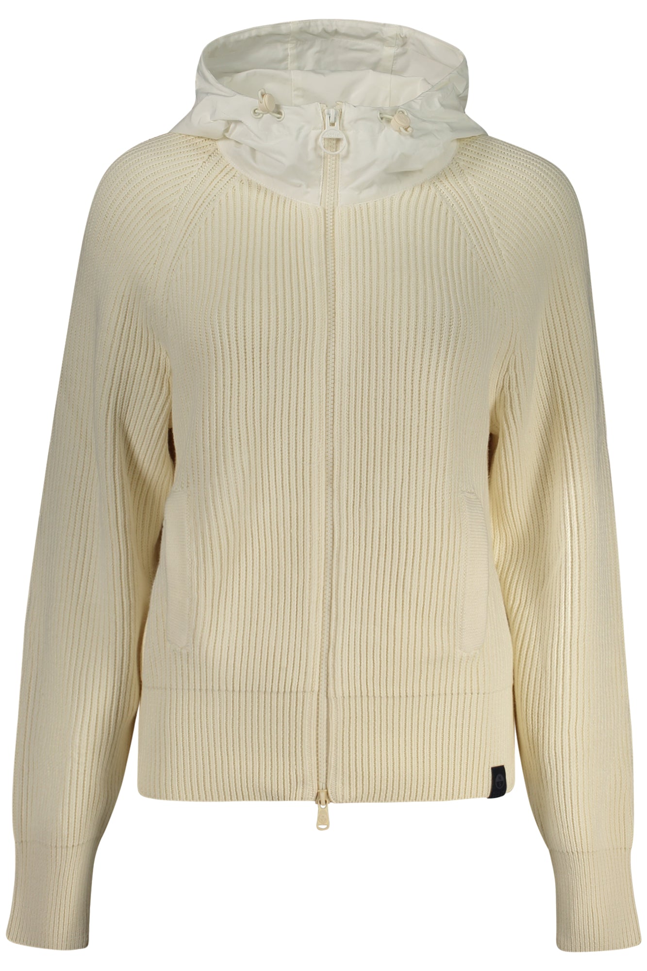 095525000_BI012A – Weiße Damen-Strickjacke mit Kapuze und Reißverschluss, nachhaltig – Größe: XS, S, M, L, XL – Farbe: Bianco
