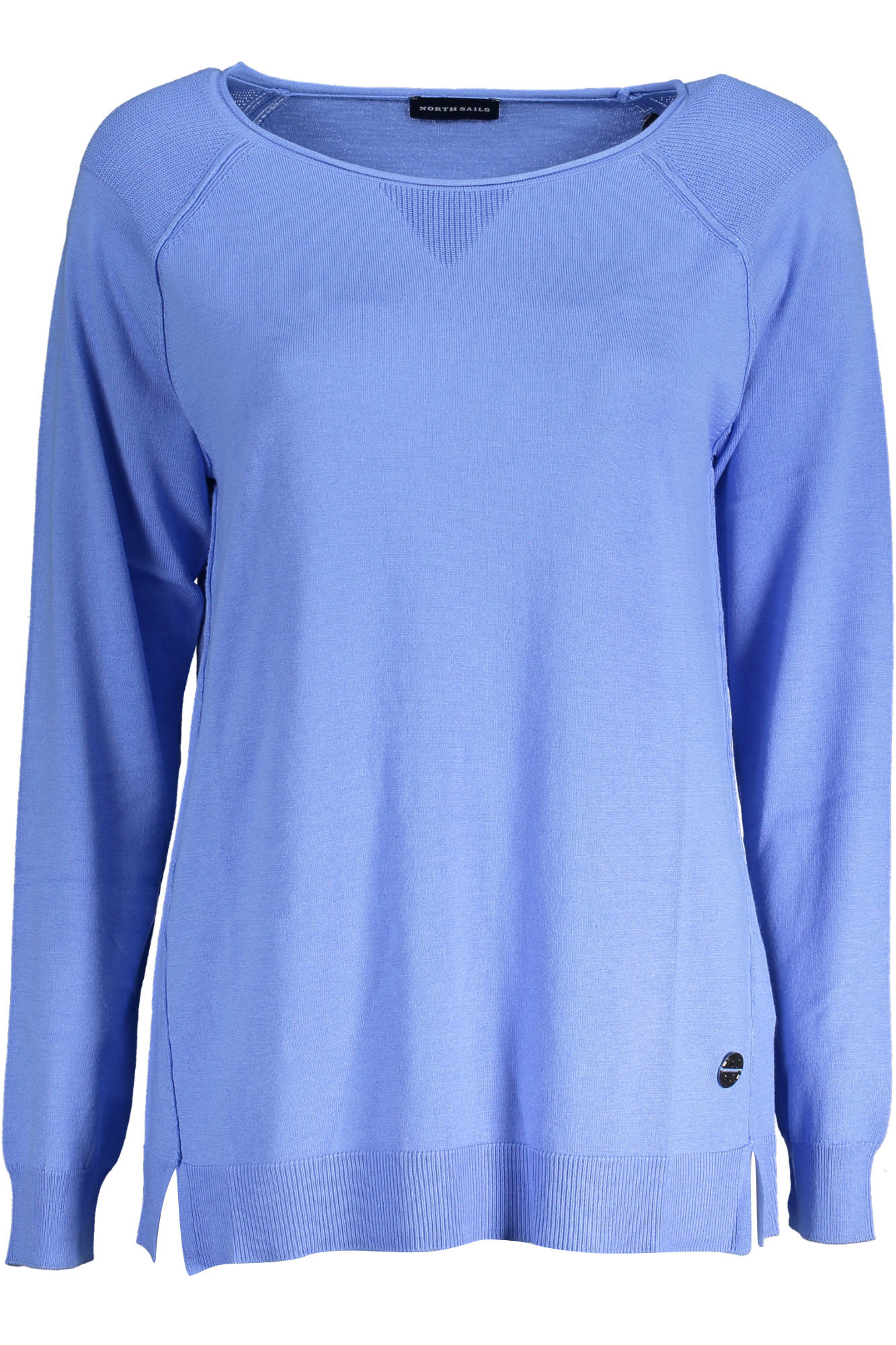 095444-000_AZZURRO_819 – Blauer Damenpullover mit weiterem Ausschnitt aus recycelten Fasern – Größe: XS, S – Farbe: Azzurro