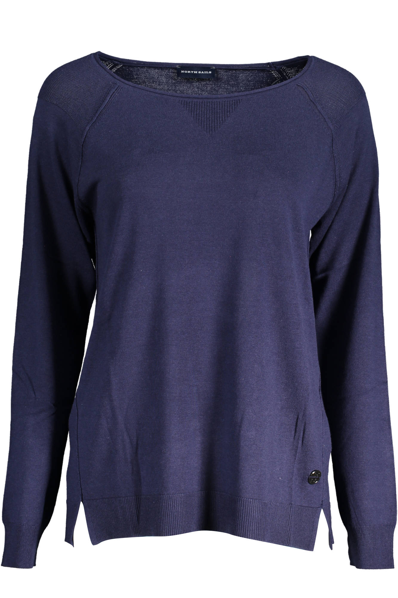 095444-000_BLU_0802 – Blauer Damenpullover mit weitem Ausschnitt und Kontrastdetails aus Recyclingmaterialien. – Größe: S, M – Farbe: Blu