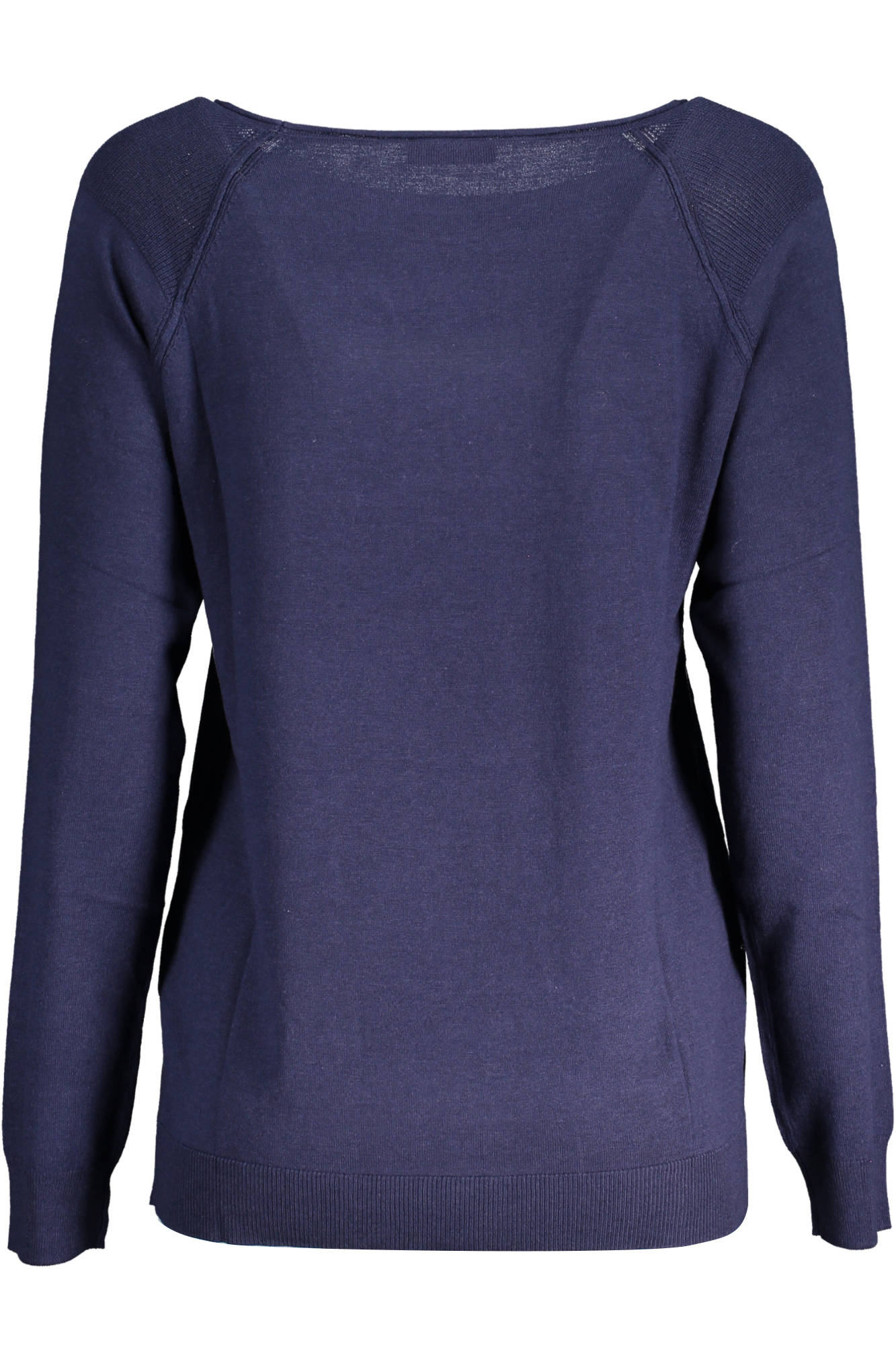 095444-000_BLU_0802 – Blauer Damenpullover mit weitem Ausschnitt und Kontrastdetails aus Recyclingmaterialien. – Größe: S, M – Farbe: Blu