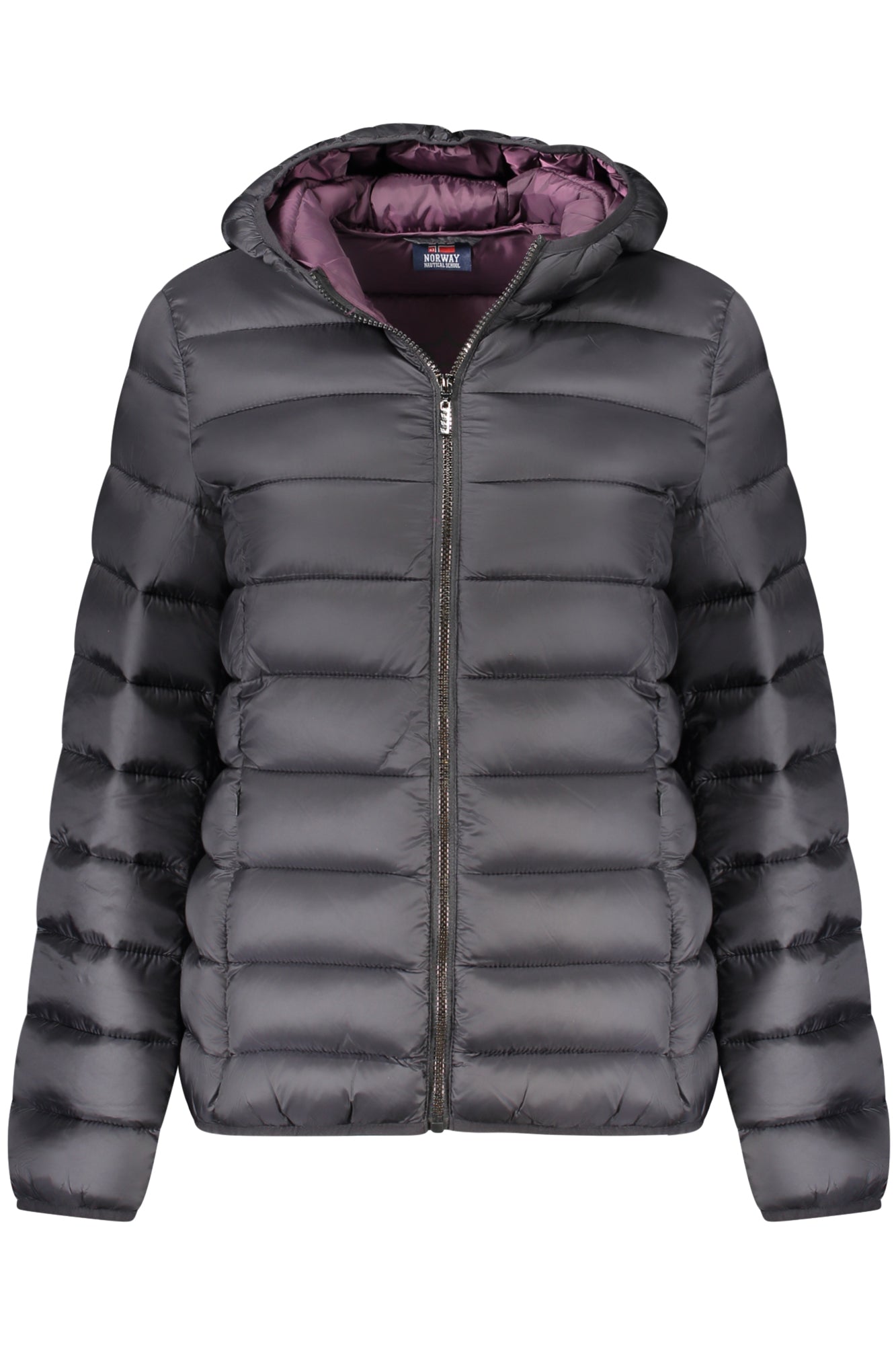 849658_NEBLAGRA – Stylische Damenjacke in Schwarz mit Kapuze und lila Innenfutter – Größe: S, M, L, XL, 2XL – Farbe: Nero