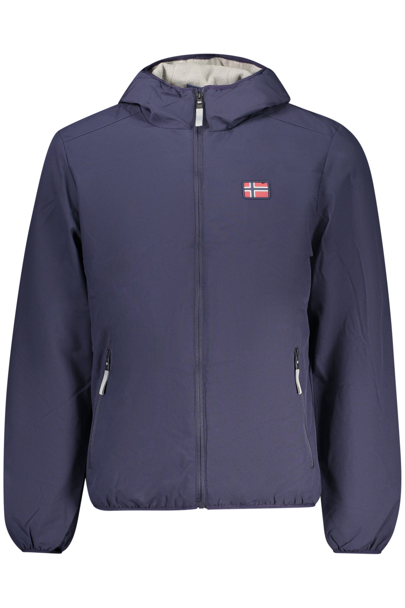 859145_BLNAVY – Blaue Herrenjacke mit Kapuze, Applikation und Taschen - Stylisch & Praktisch – Größe: S, M, L, XL, 2XL, 3XL – Farbe: Blu